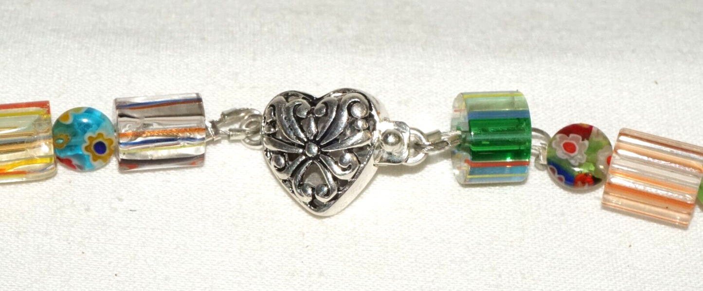 Vintage Fashion Rainbow Colored Murano Glass Bead Necklace w. Heart Clasp (PaS)