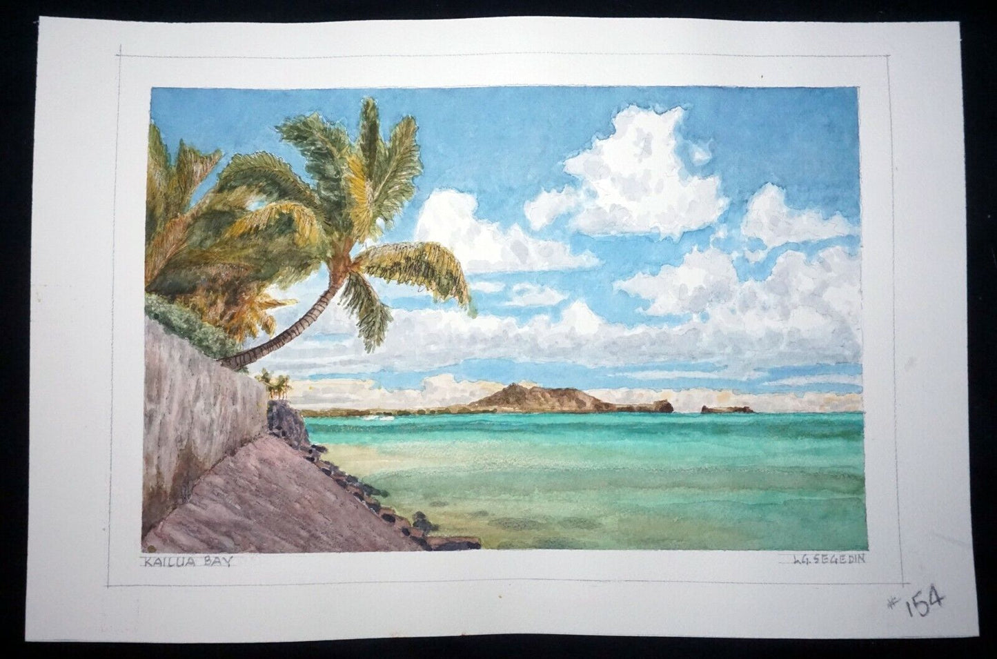 Hawaii Watercolor Painting "Palms at Kailua Bay, Oahu" by L. Segedin #154