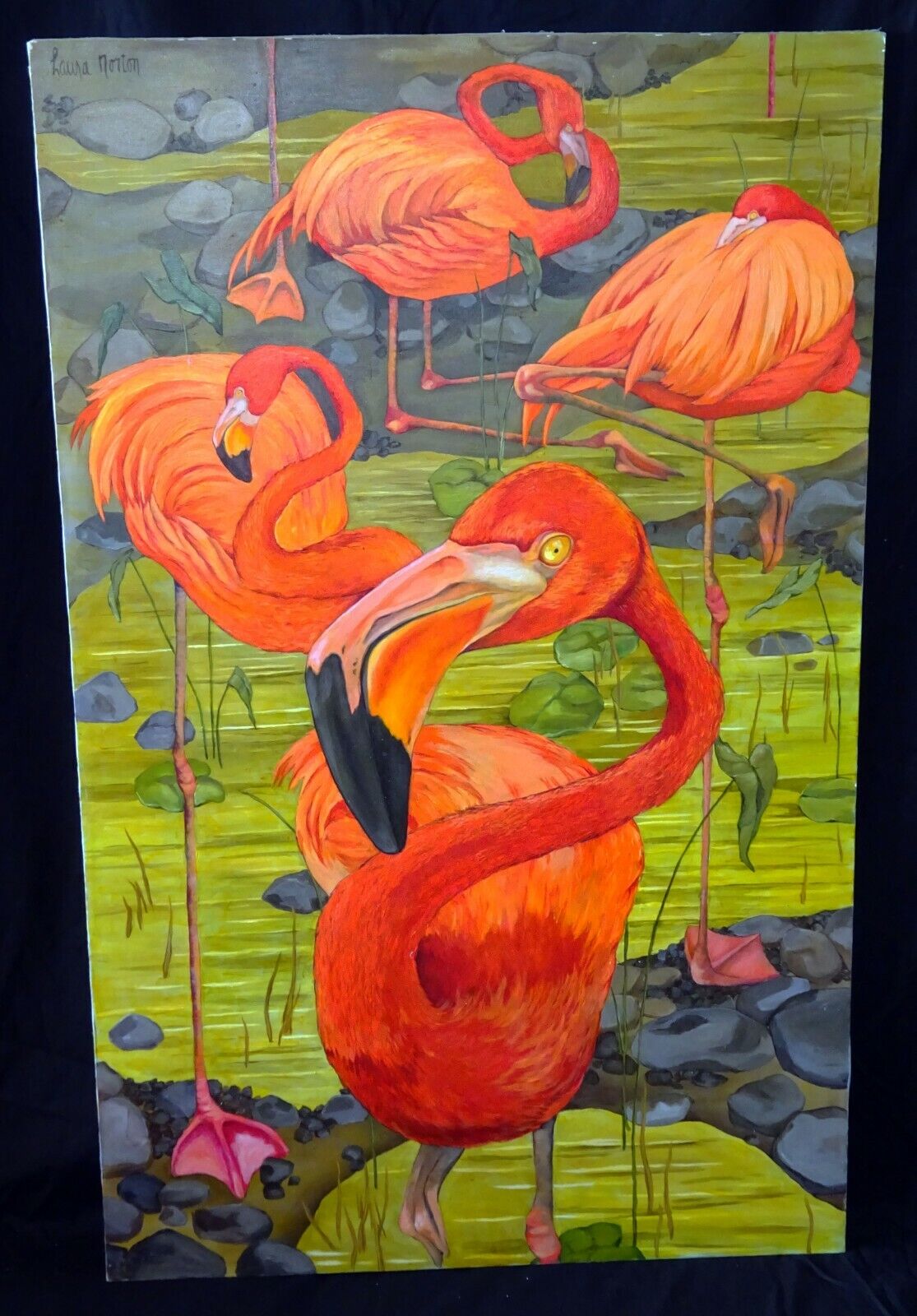 Vintage US Whimsical Acrylic Painting "The Four Flamingos" by Laura Norton (ScD)