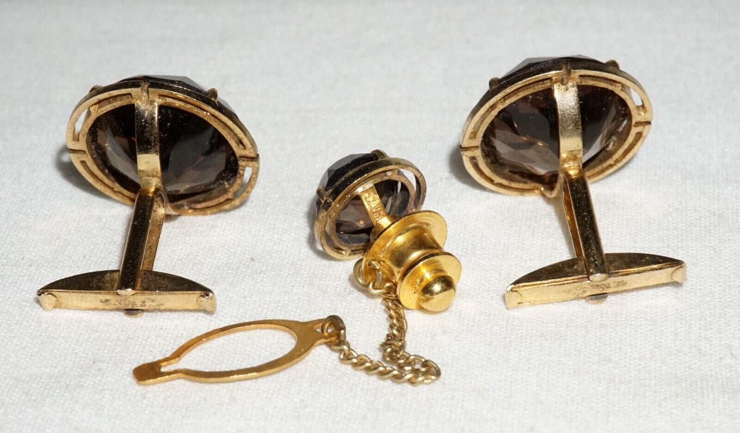 3Pc Vintage Gold Plated Silver Cufflinks & Tie Tack w. 3x Smokey Quartz (---)