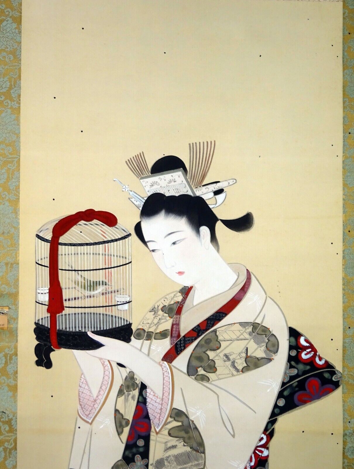 Japanese Taisho Showa Bijin Painting Beautiful Woman w. Bird Cage signed (Fuj)