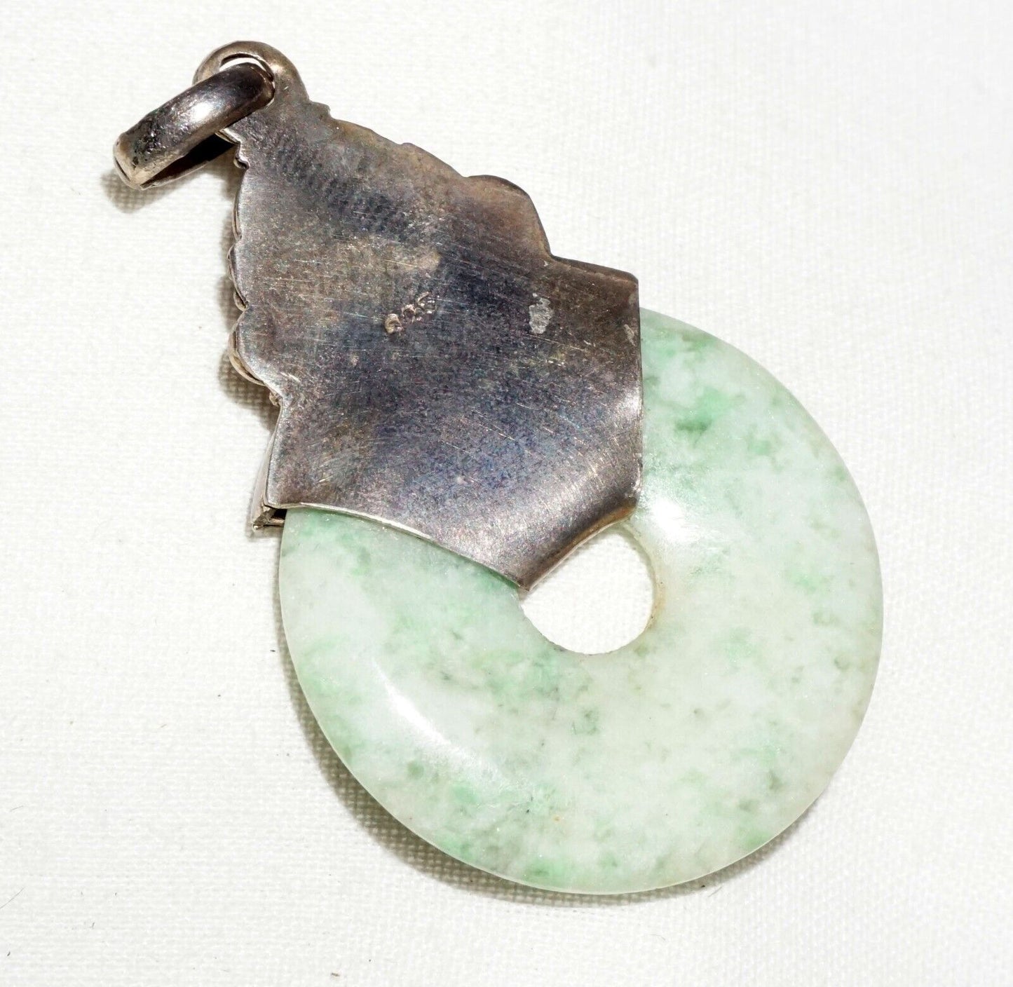 Vintage Chinese Sterling Silver Pendant w. Jadeite Jade Disk & Amethyst (***)