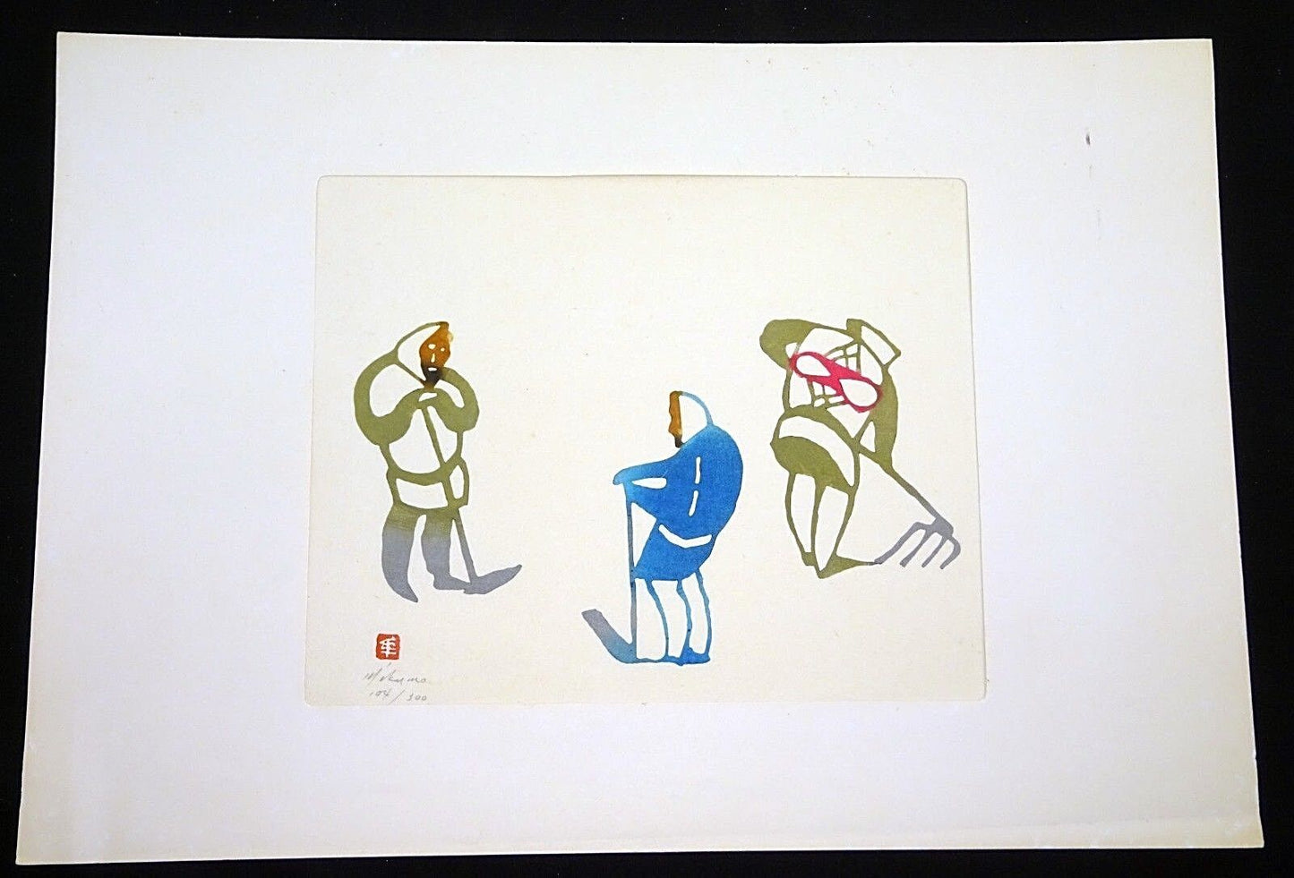 1960s Japanese Woodblock Print "Three Figures Working" by Mikumo Ishihara (Fur)