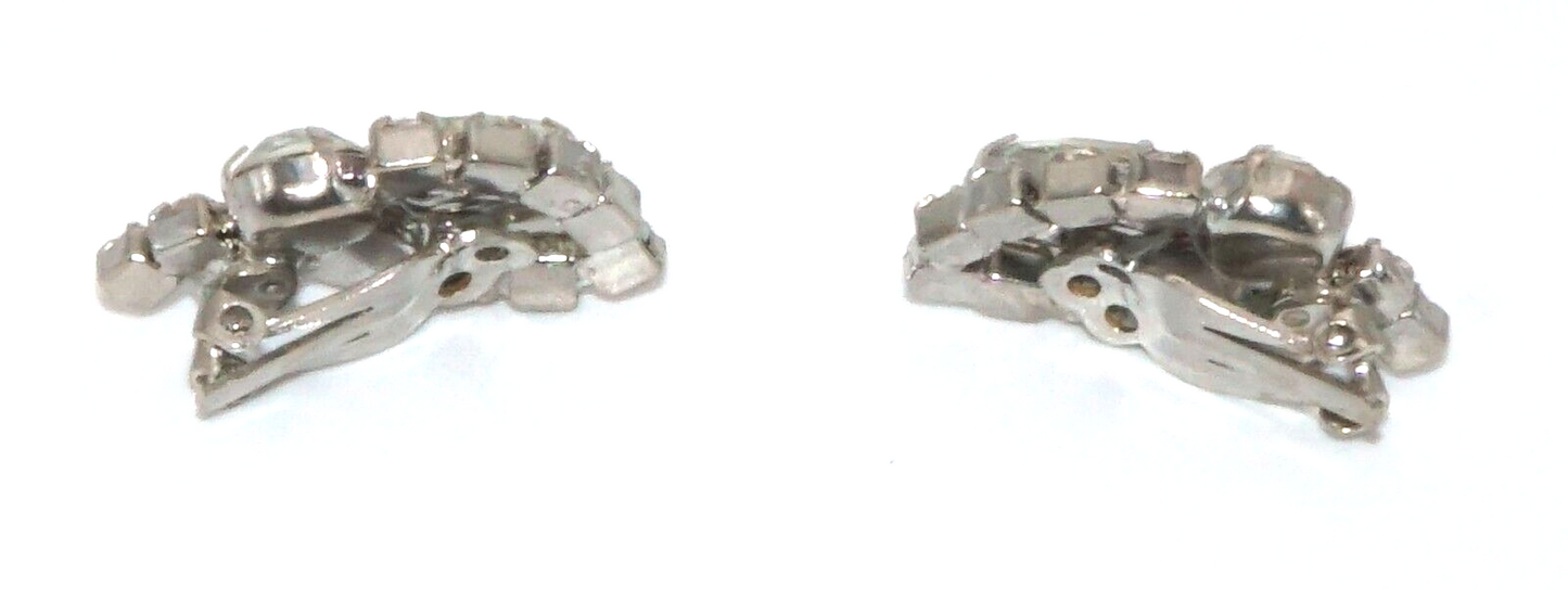 Vintage Silver tone Rhinestone Clip On Earrings w Round & Marquise Stones (McC)
