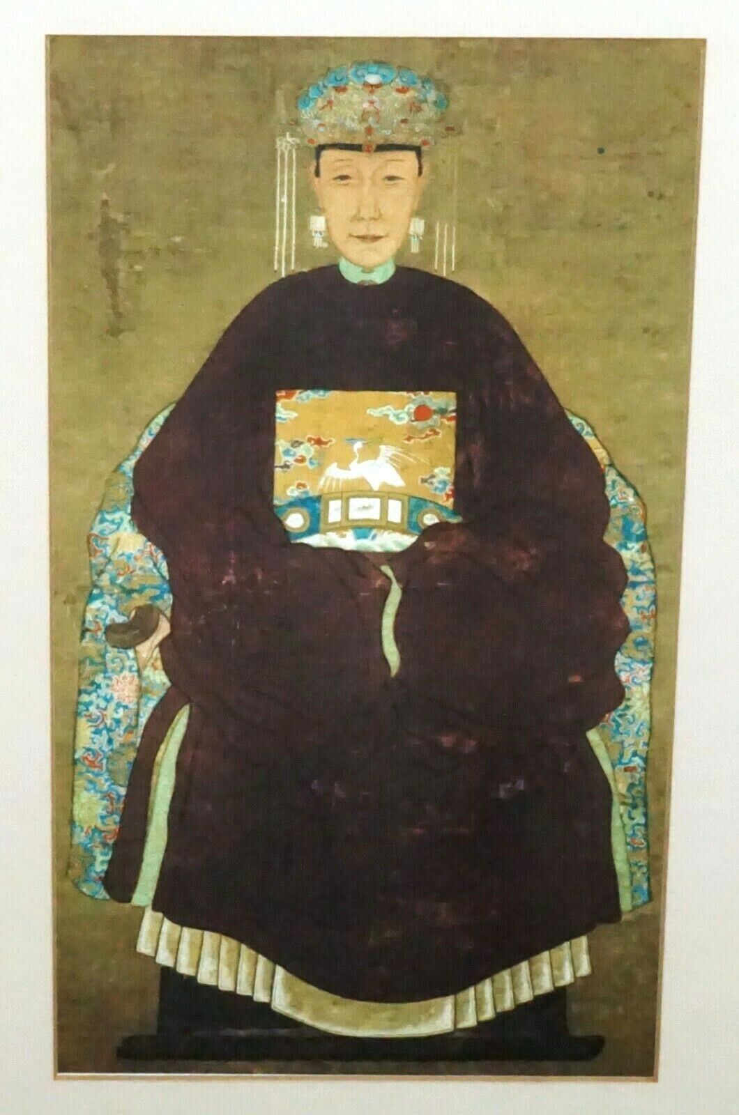 Vintage Italian Framed Reprint of Chinese Ancestor Painting on Fabric (ChA) #58