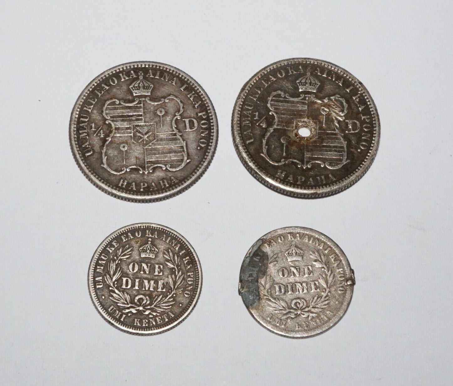 4x 1883 Hawaii Silver Quarter Dollar Hapaha & 10 Cents 1x Dime Kalakaua (Amy)