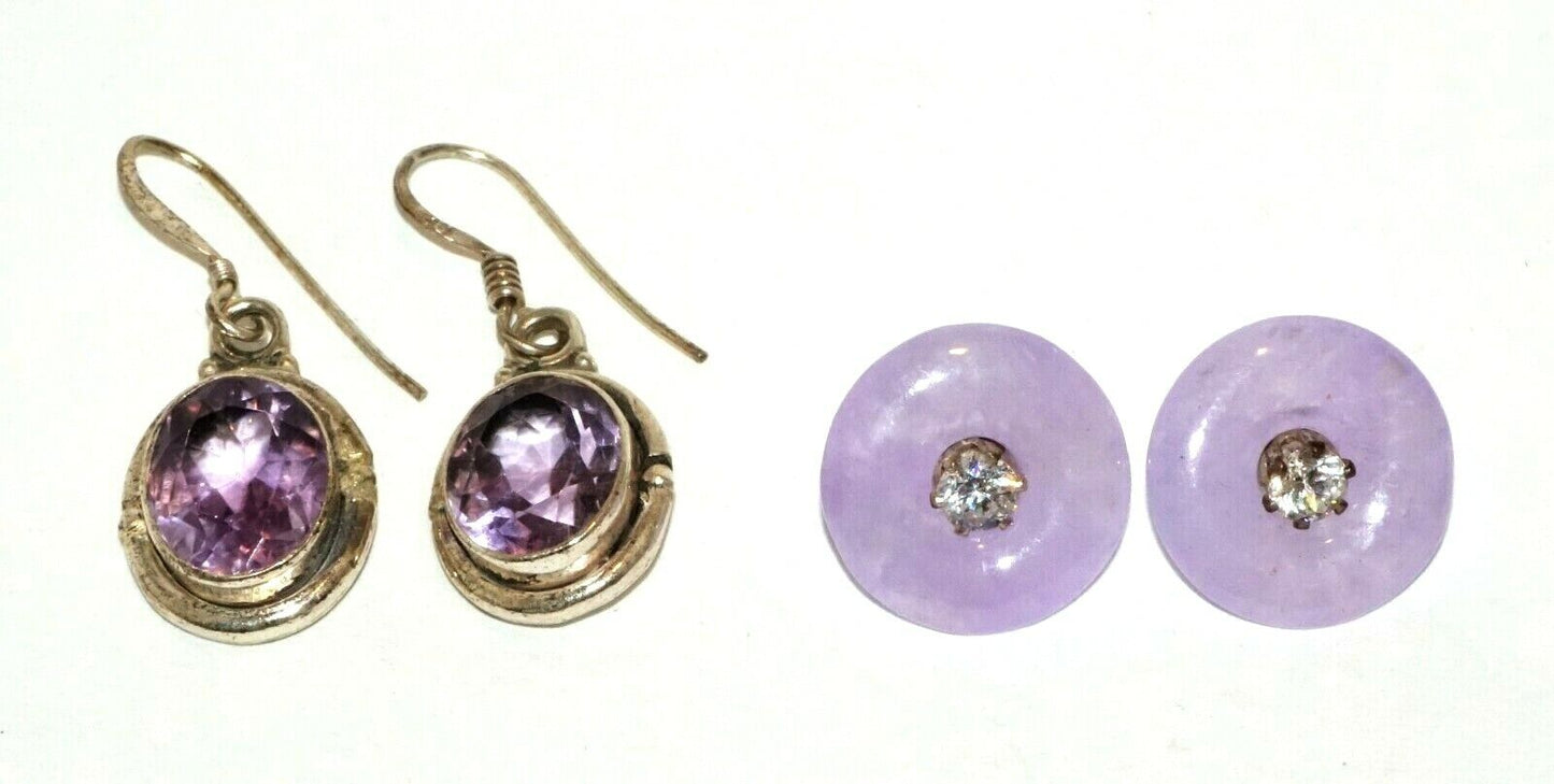 2xPairs Modern Silver Earrings w. Amethysts and Lavender Jade & CZ (HaL)#24