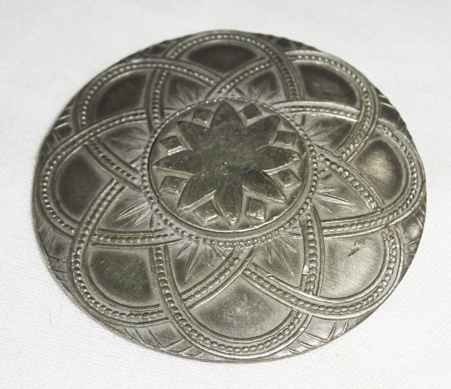 Vintage Norway Pewter Circular Brooch Pin w. Star & Curvilinear Motifs (***)