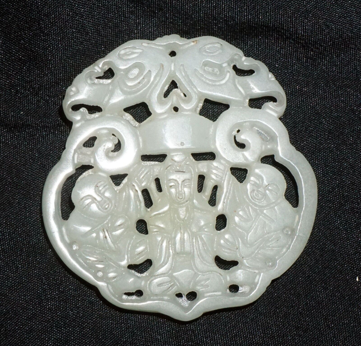 Antique Chinese Nephrite Jade Pierced Pendant Kwan Yin & Twin & Bat Motifs (---)