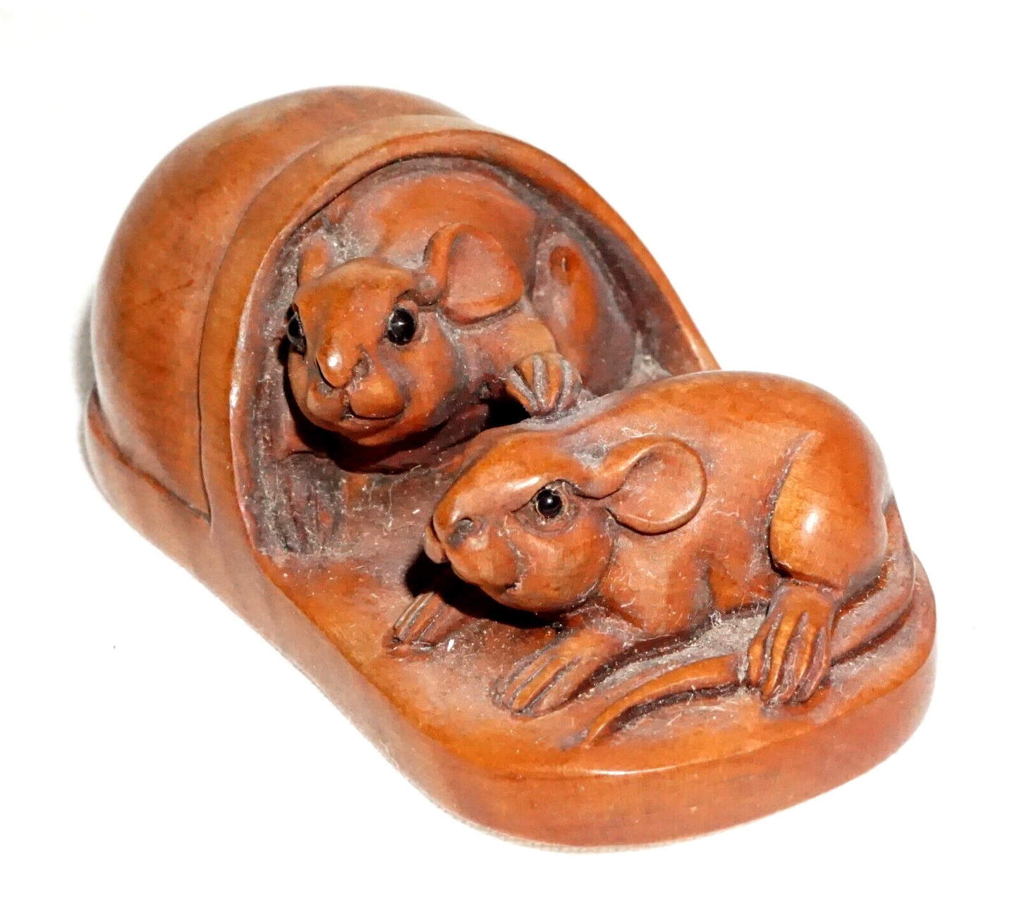 Vintage Japanese Carved Wooden Netsuke Two Mice in a Loafer (FeH