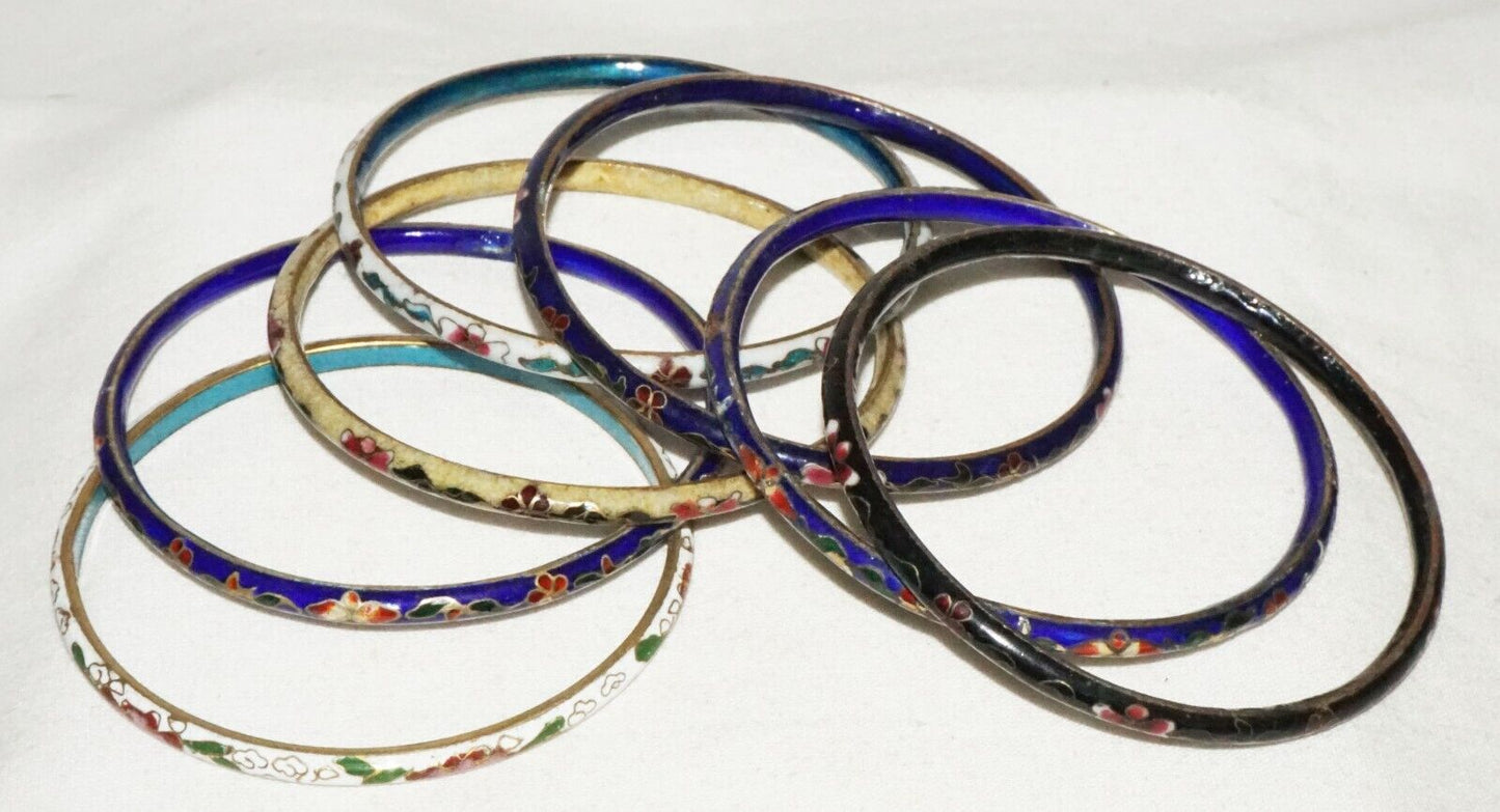7Pc Vintage Chinese Multicolor Cloisonne Bangle Bracelet Lot w. Floral (LeS)L25