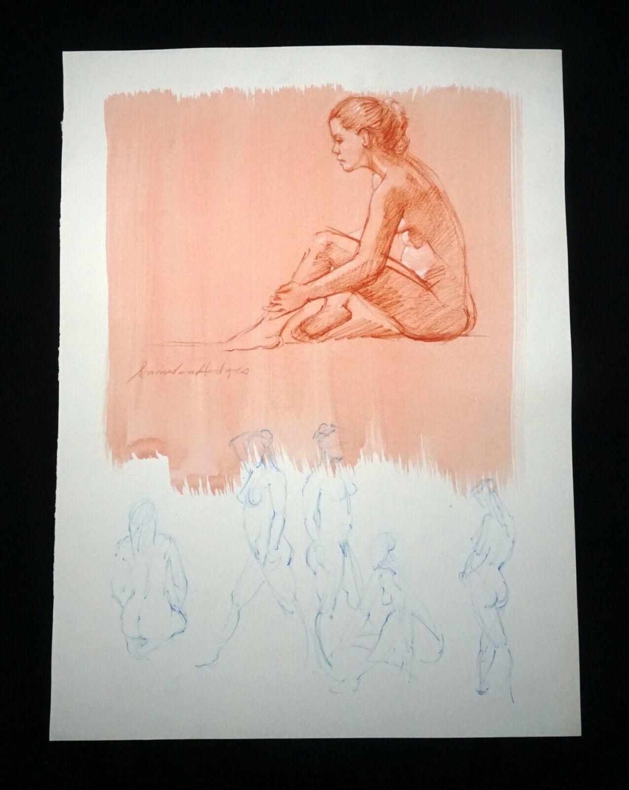 Hawaii Mixed Media Wash Painting Seated Female Nude Snowden Hodges (Sho)#113