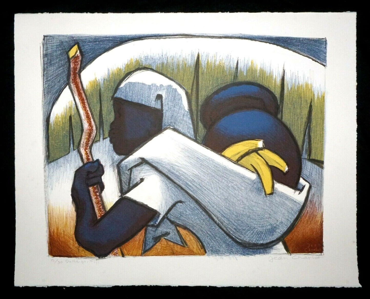 '78 Hawaii Fijian Print 12/30 "On the Go, Fiji" by Jean Charlot (1898-1979)(Mod)