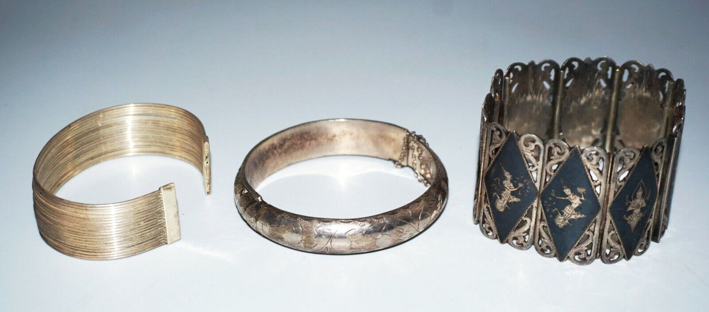 3x Sterling Silver Niello Ware Bracelet & Cuff & Hinged Bangle Mix Lot (NoN)BN8