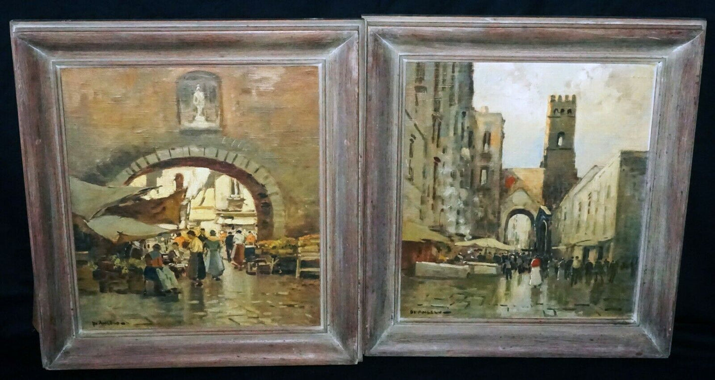 2Pc 40s Italy Oil Paintings Market Scenes by Pasquale D'Angelo (1896-1955)(MOT)