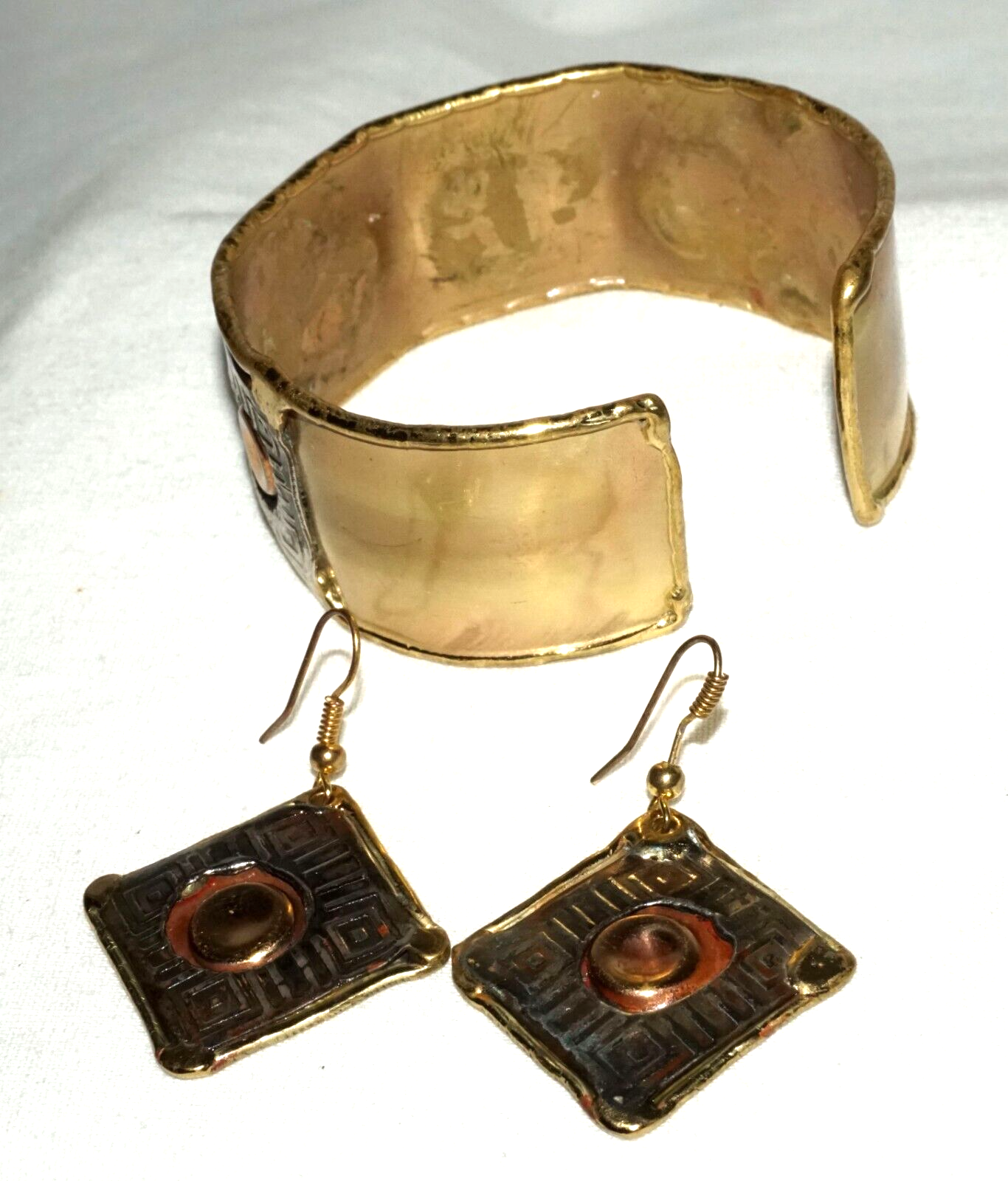3Pc Modernist Silver & Copper & Brass Handmade Earrings & Bracelet (KoS) L13/19