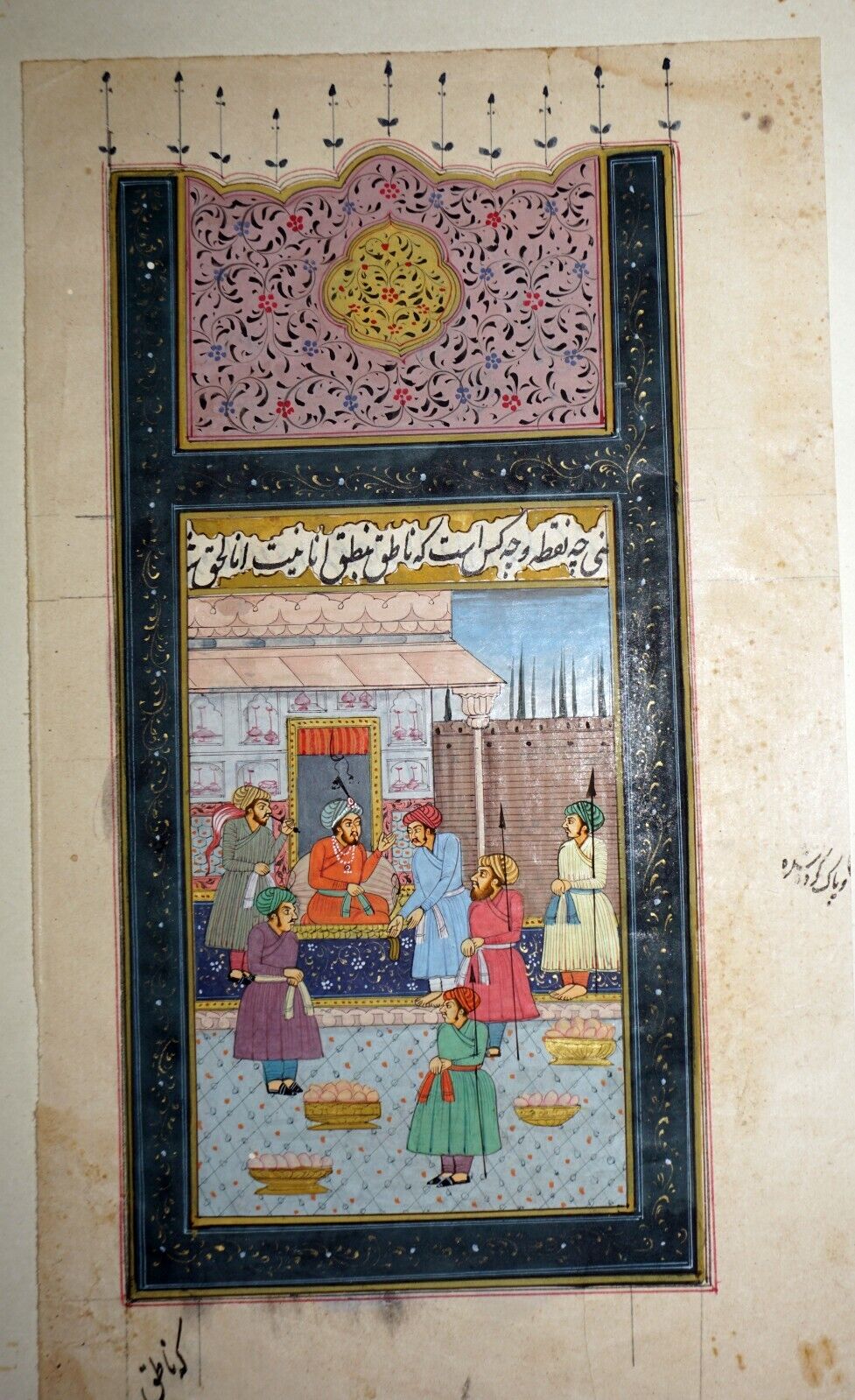 18/19C Indian Color Palace Court Scene Mogul Paintings on Book Page (NiT) #2