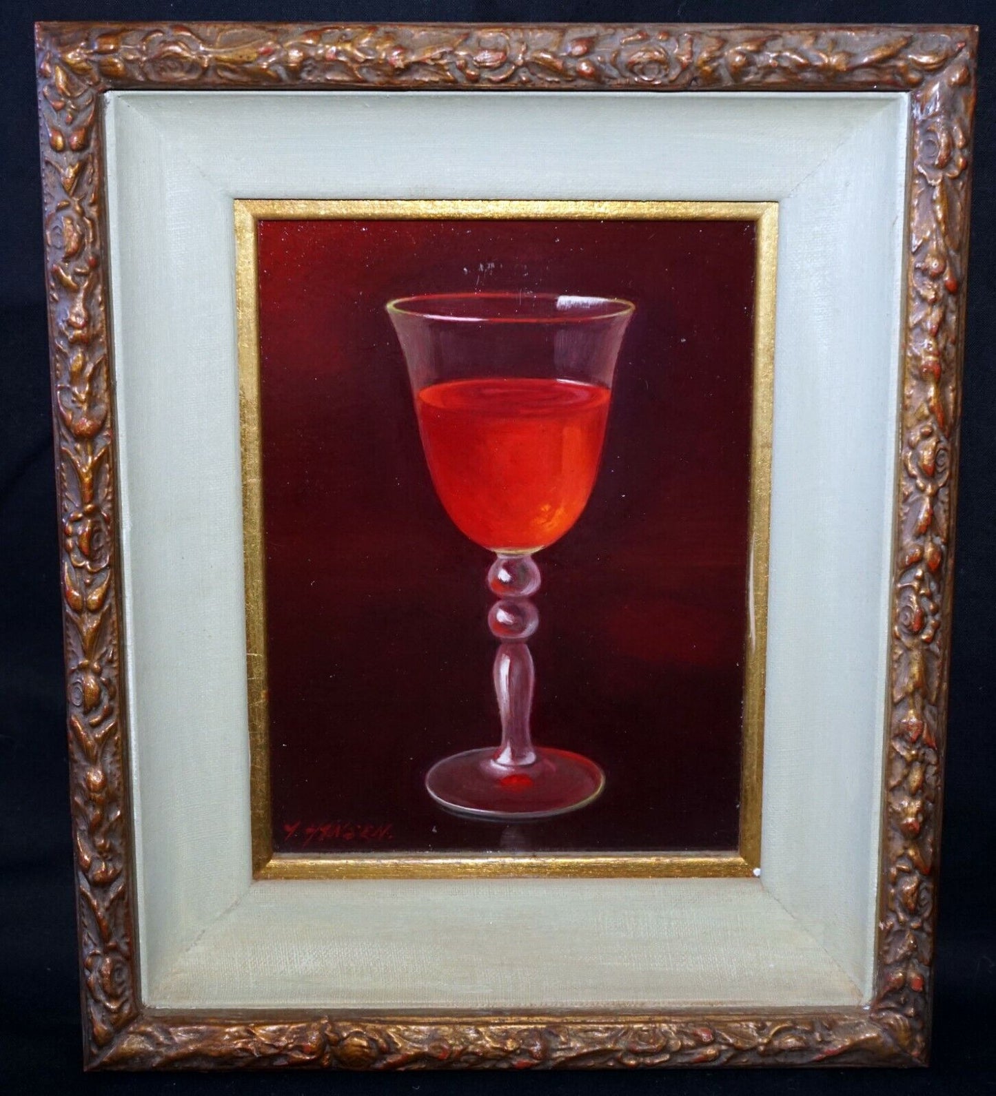 Vintage US Framed Oil Still Life Painting Glass of Red Wine by A. Hansen (FeO)