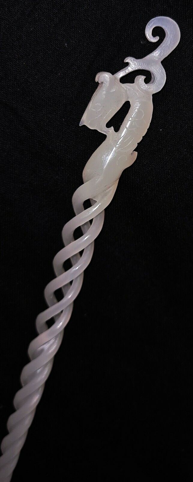 Vintage Chinese Pierced Spiral White Jade Hairpin Extremely Fine Carved (AHB)