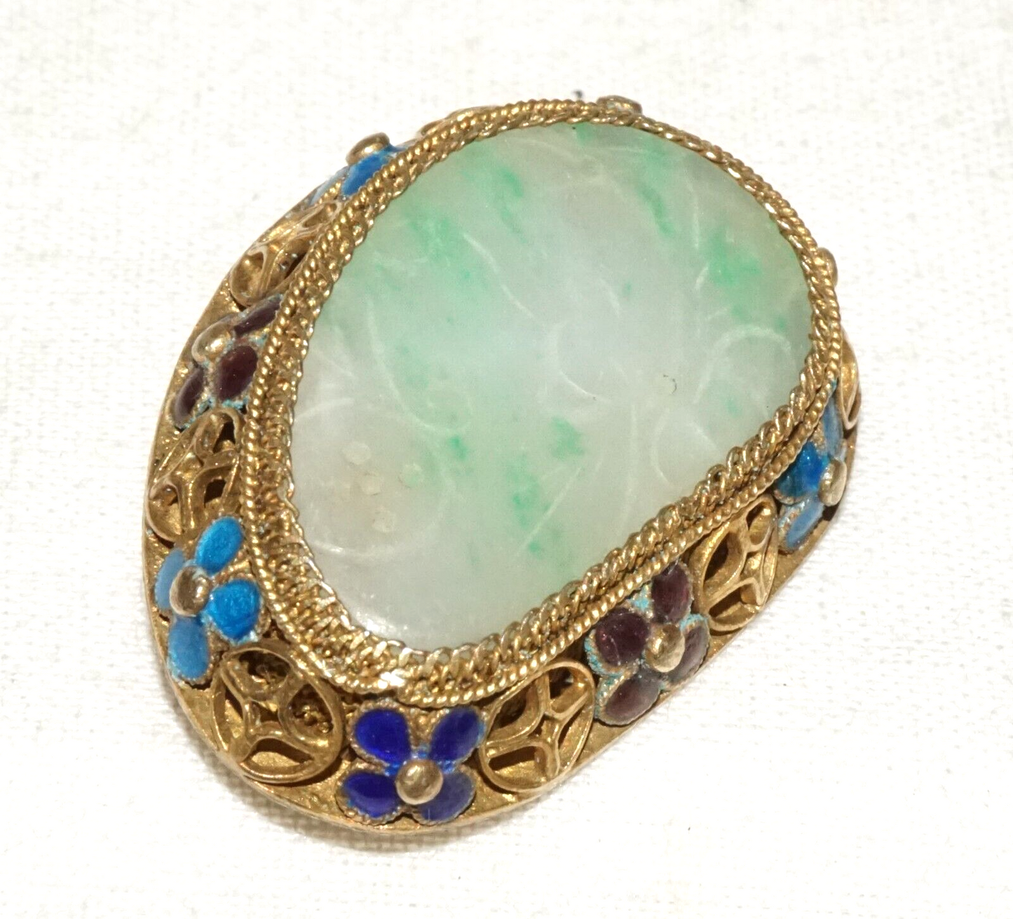 Antique Chinese Silver Filigree & Enamel Brooch set w. Jadeite Jade (InS)#L1-3