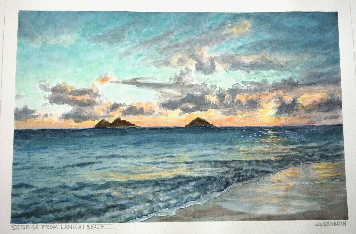 Hawaii Watercolor Painting Sunrise from Lanikai Beach by Larry Segedin #167