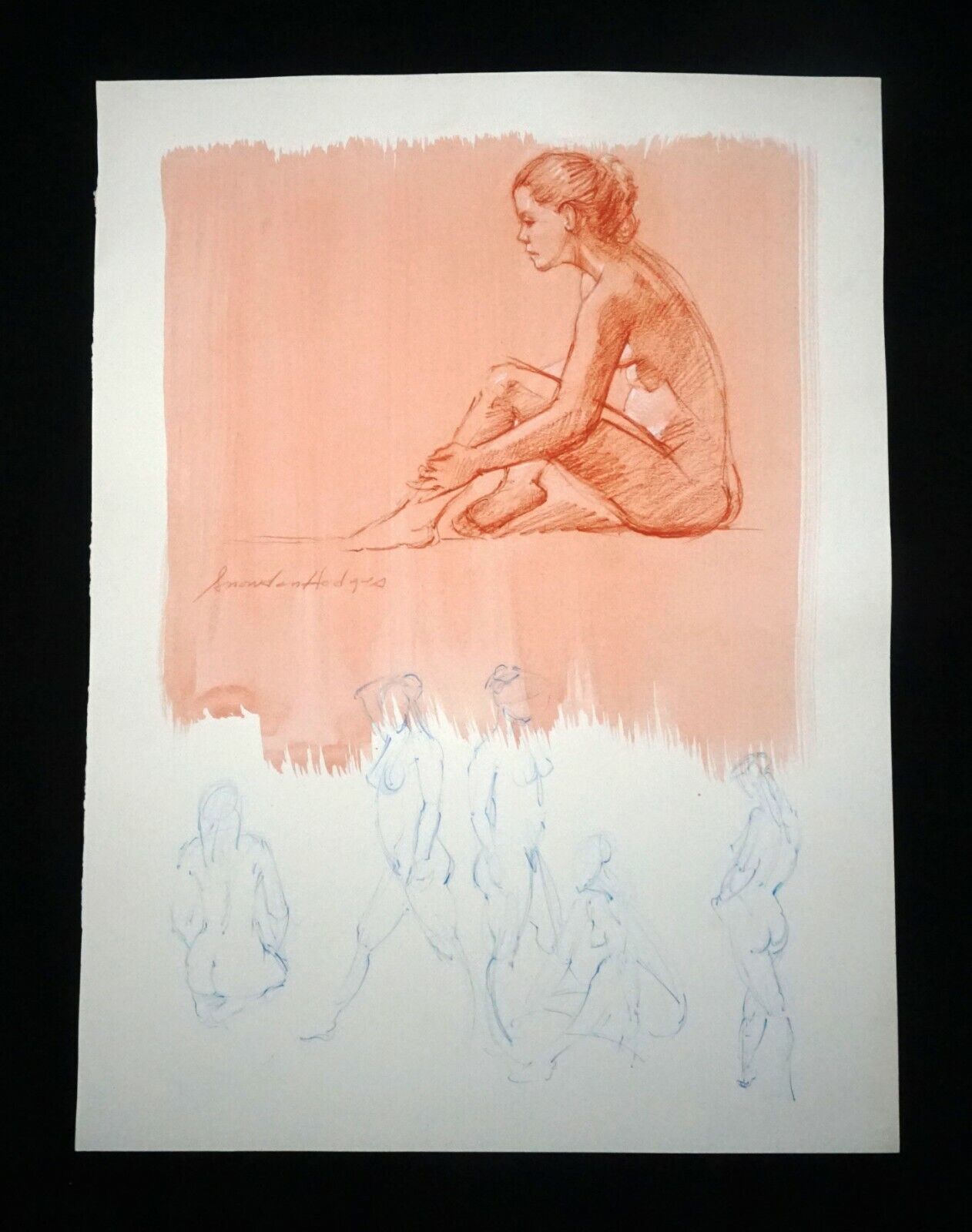 Hawaii Mixed Media Wash Painting Seated Female Nude Snowden Hodges (Sho)#113