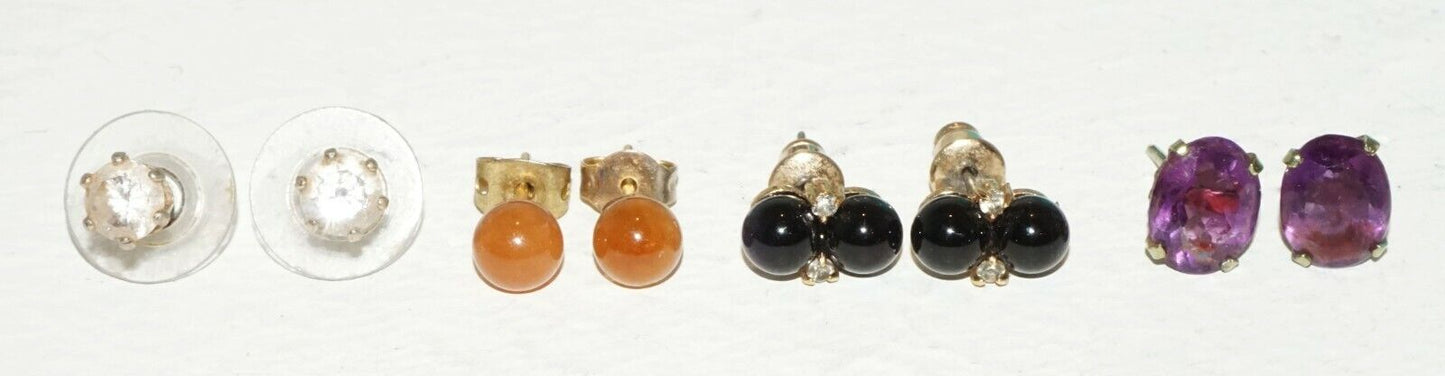 7x Pairs Stud Earrings w. Onyx Diamonds Jade Amethyst & Synthetic Gems (BrM)#41