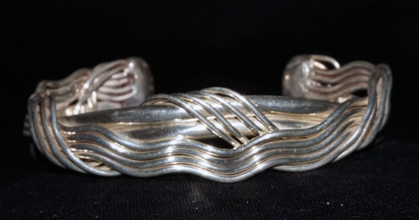 Vintage Modernist Sterling Silver Cuff Bracelet Wire & Bar Design unsigned (WoJ)