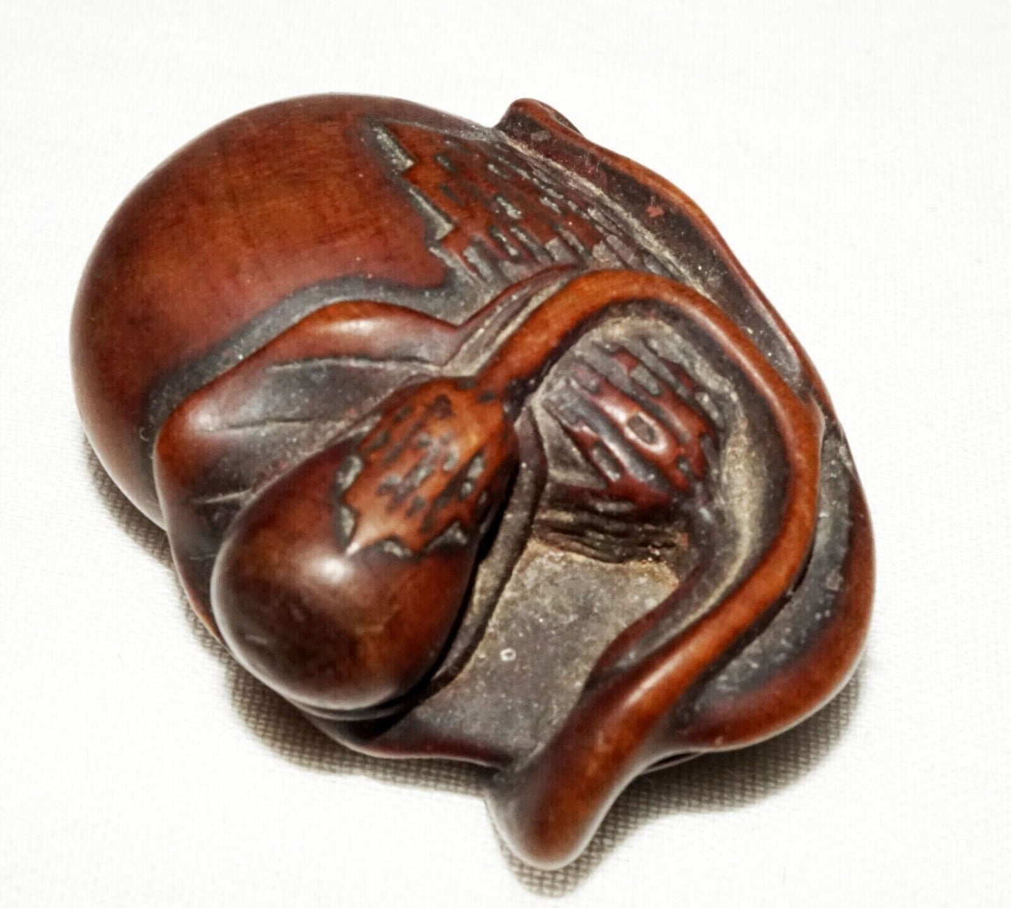 Antique Japanese Wooden Carved Netsukes Seed Pod on Leaf Motif (FeH