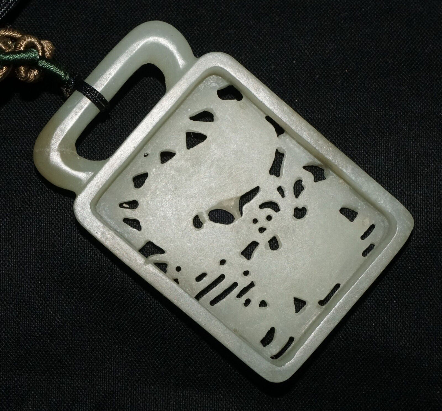 18C Chinese Grey Green Nephrite Jade Pierced Belt Buckle Deer & Bat (LeS)L23