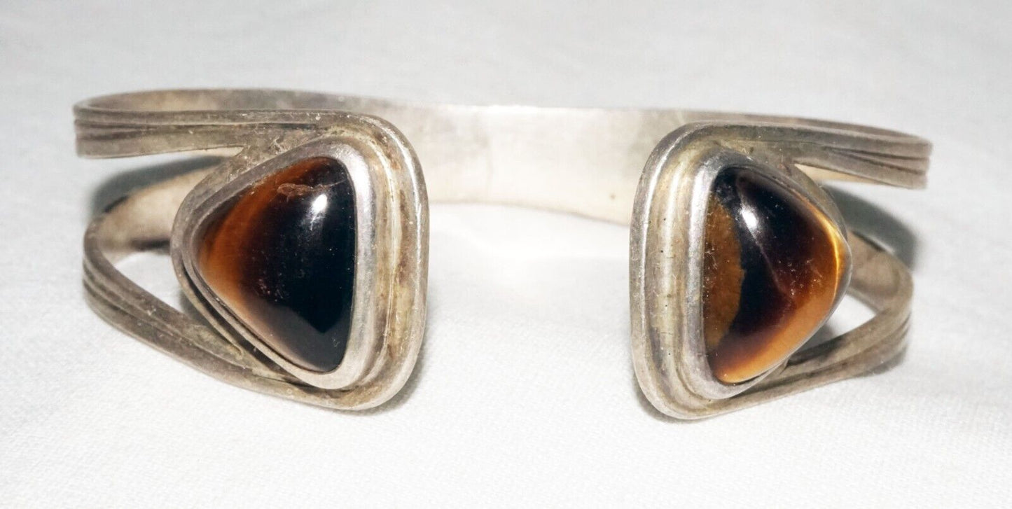 Vintage Swedish Modernist Sterling Silver Cuff Bracelet w. 2x Tigereye (ShI)
