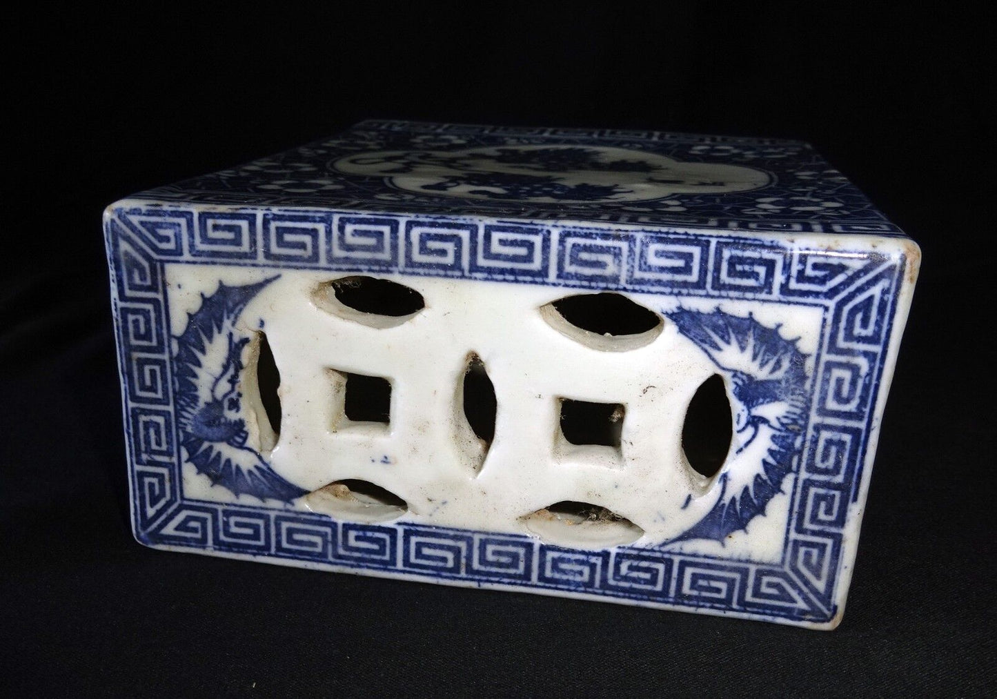 19/20C Japanese Porcelain Neck-Pillow w Stenciled Lion Dog & Floral Motifs (Drc)