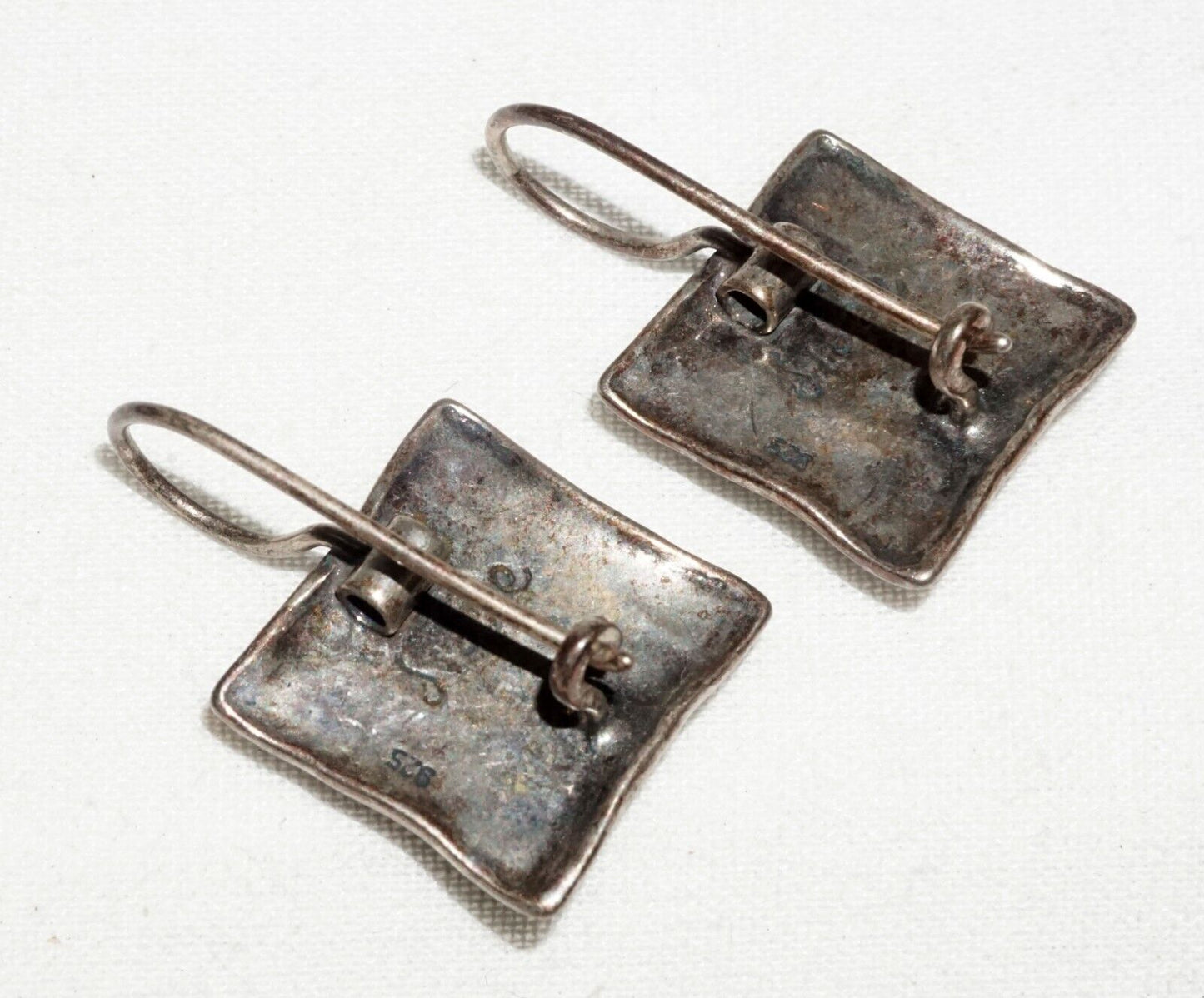 Vintage Sterling Silver Pierced Ear Earrings w. Square Turquoise Accents (---)