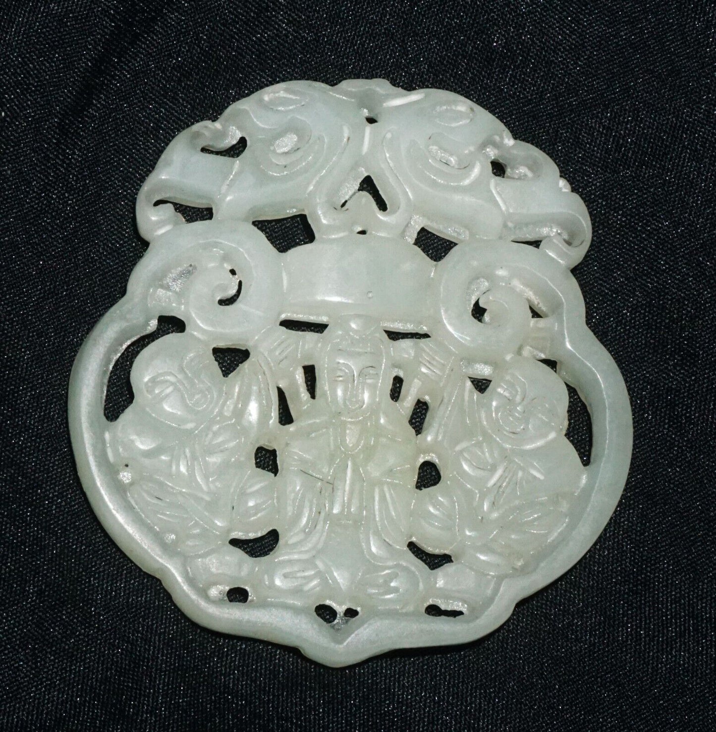 Antique Chinese Nephrite Jade Pierced Pendant Kwan Yin & Twin & Bat Motifs (---)