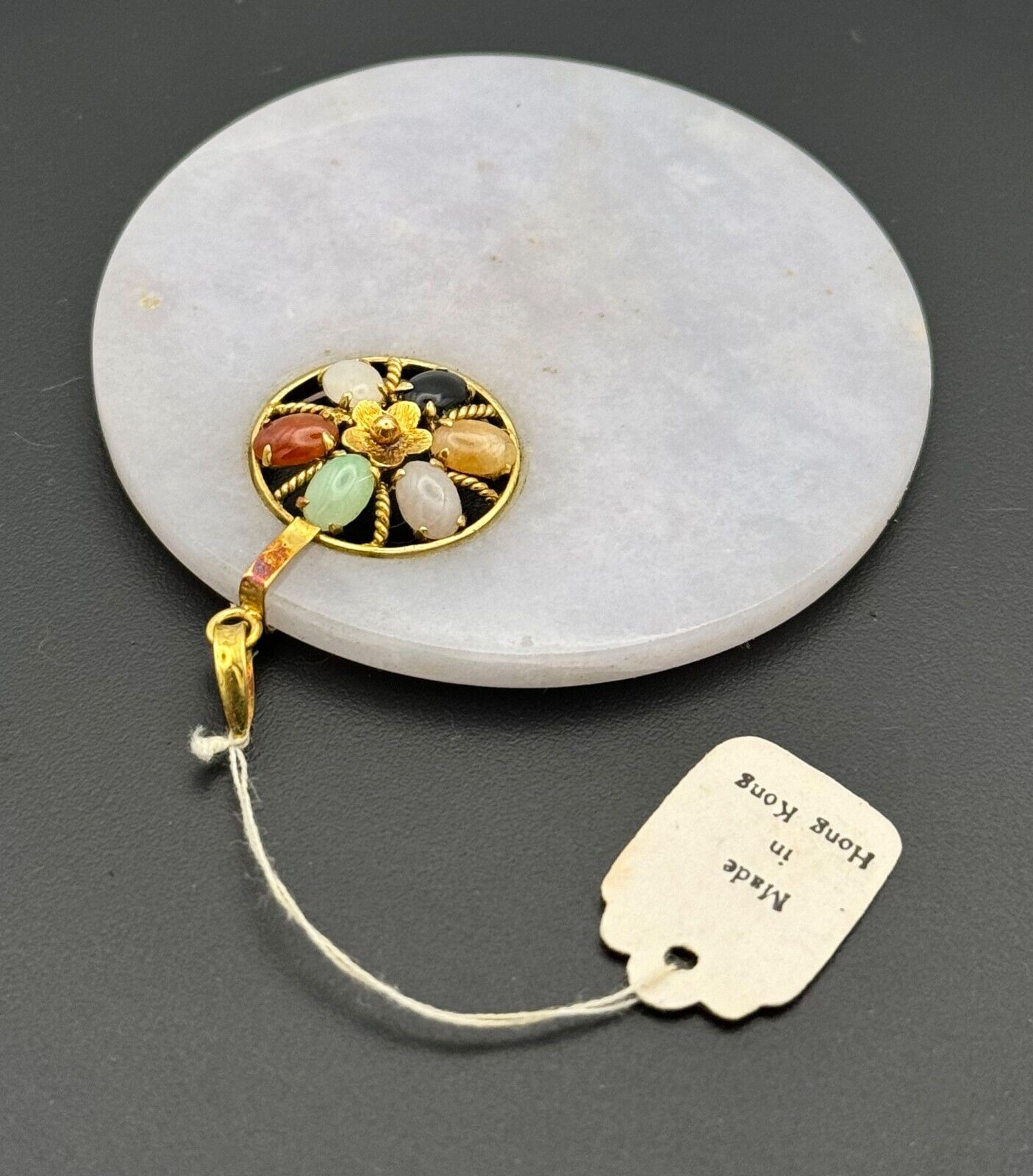 Chinese 14k Y Gold White Jadeite Open Cut Disk Pendant w Cabochon Accents (MeC)