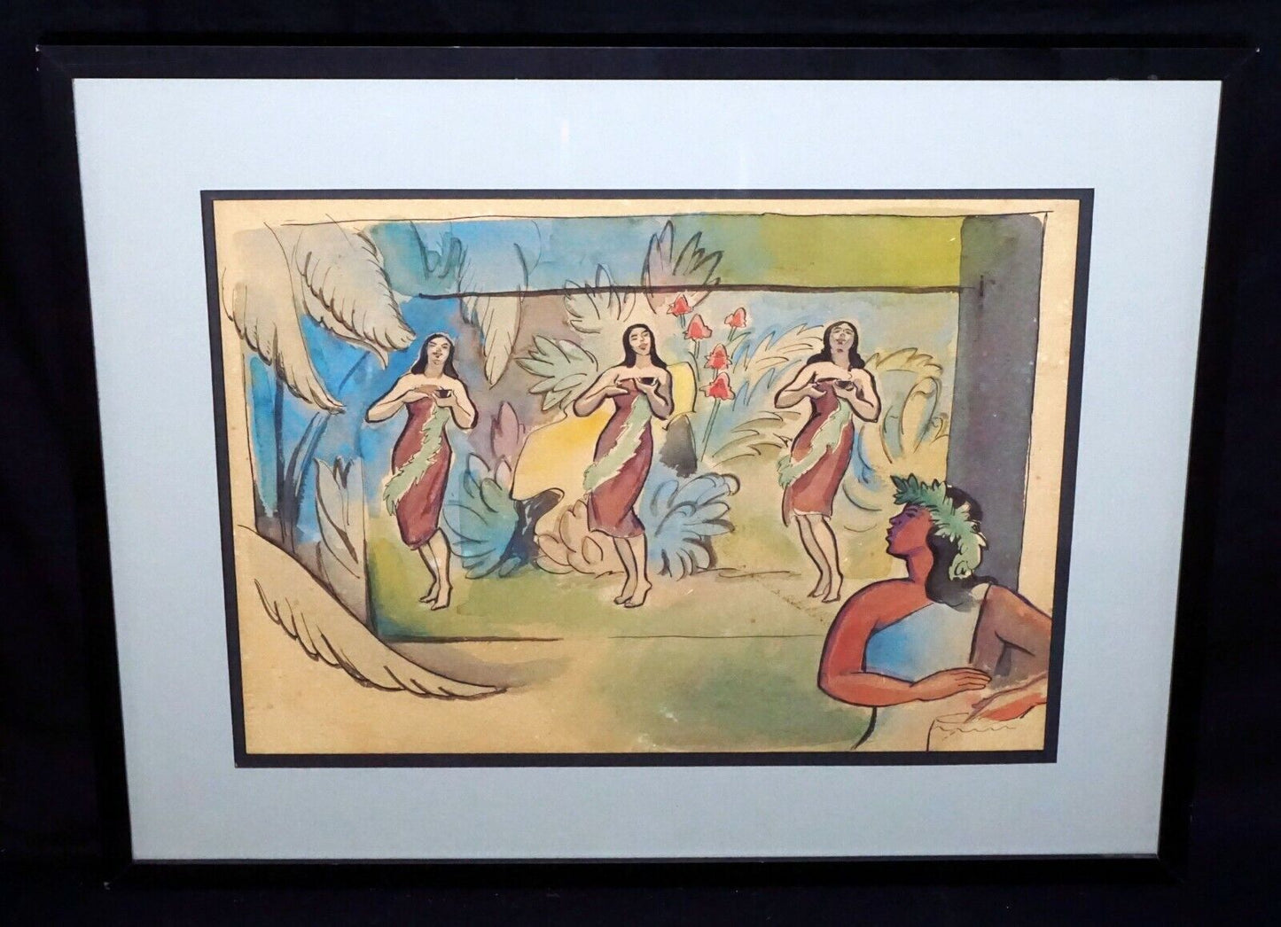 '40s Hawaii Ink & WC Painting Hula Dancers Robert L. Eskridge (1891-1975)(BeG)