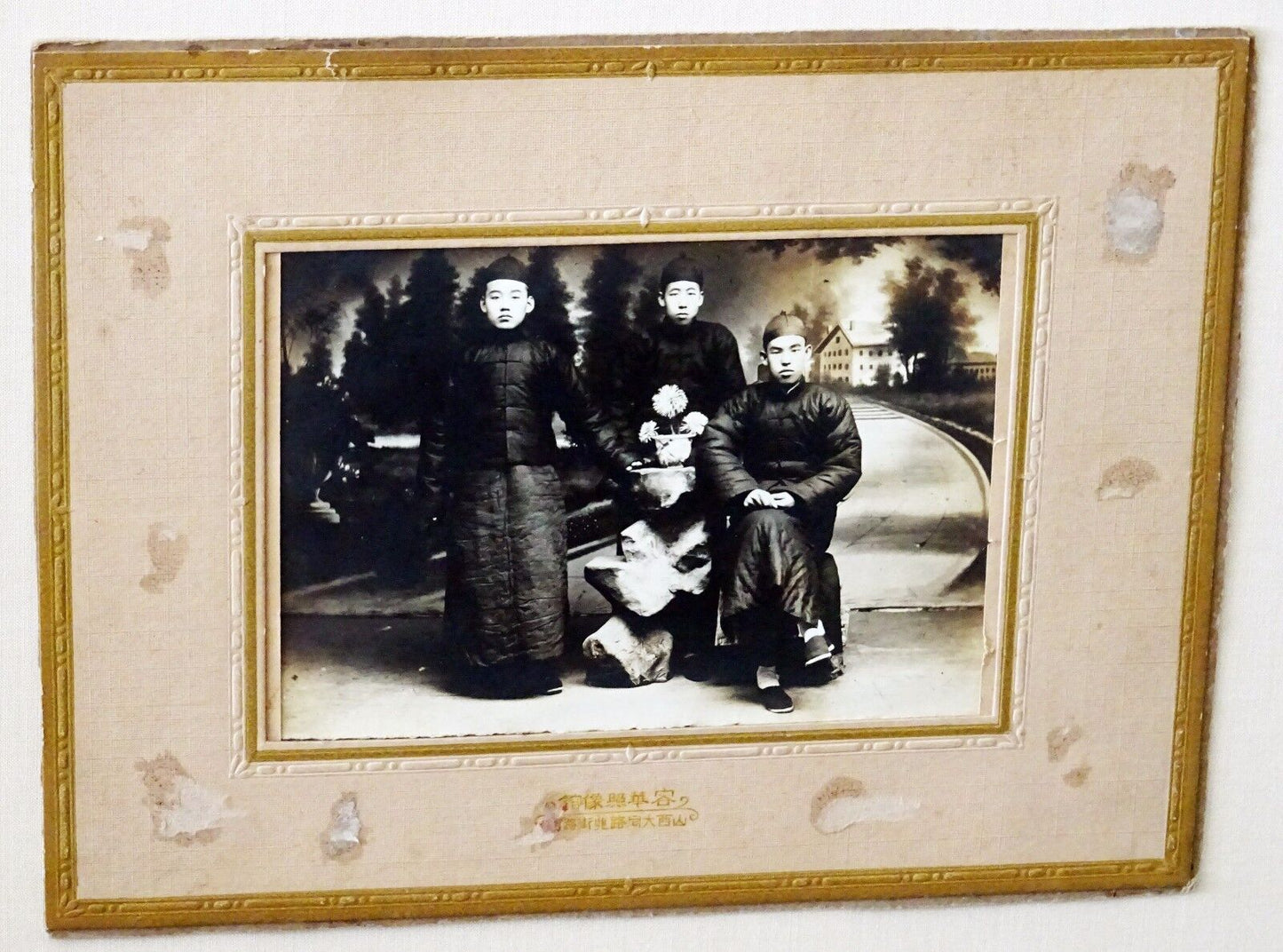 1900 Chinese Framed B&W Photo "Three Young Man" by unknown maker (Mil)