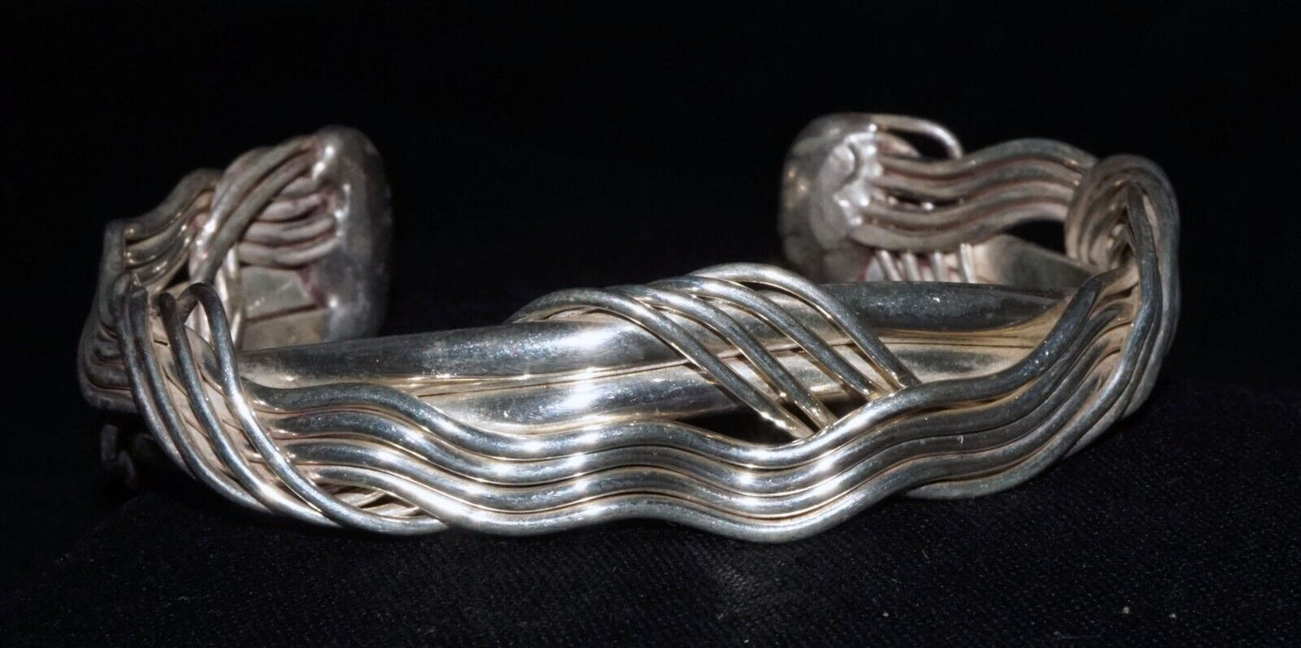 Vintage Modernist Sterling Silver Cuff Bracelet Wire & Bar Design unsigned (WoJ)