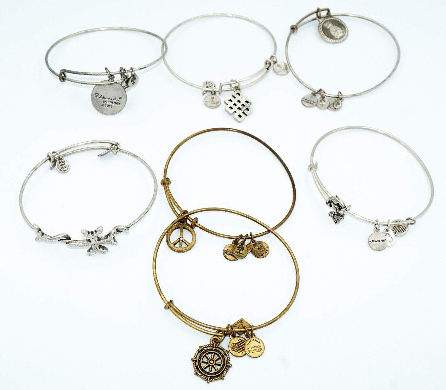 7x Alex and Ani Brand Mixed Lot Adjustable Bracelets w. Cross & Peace (Tra)