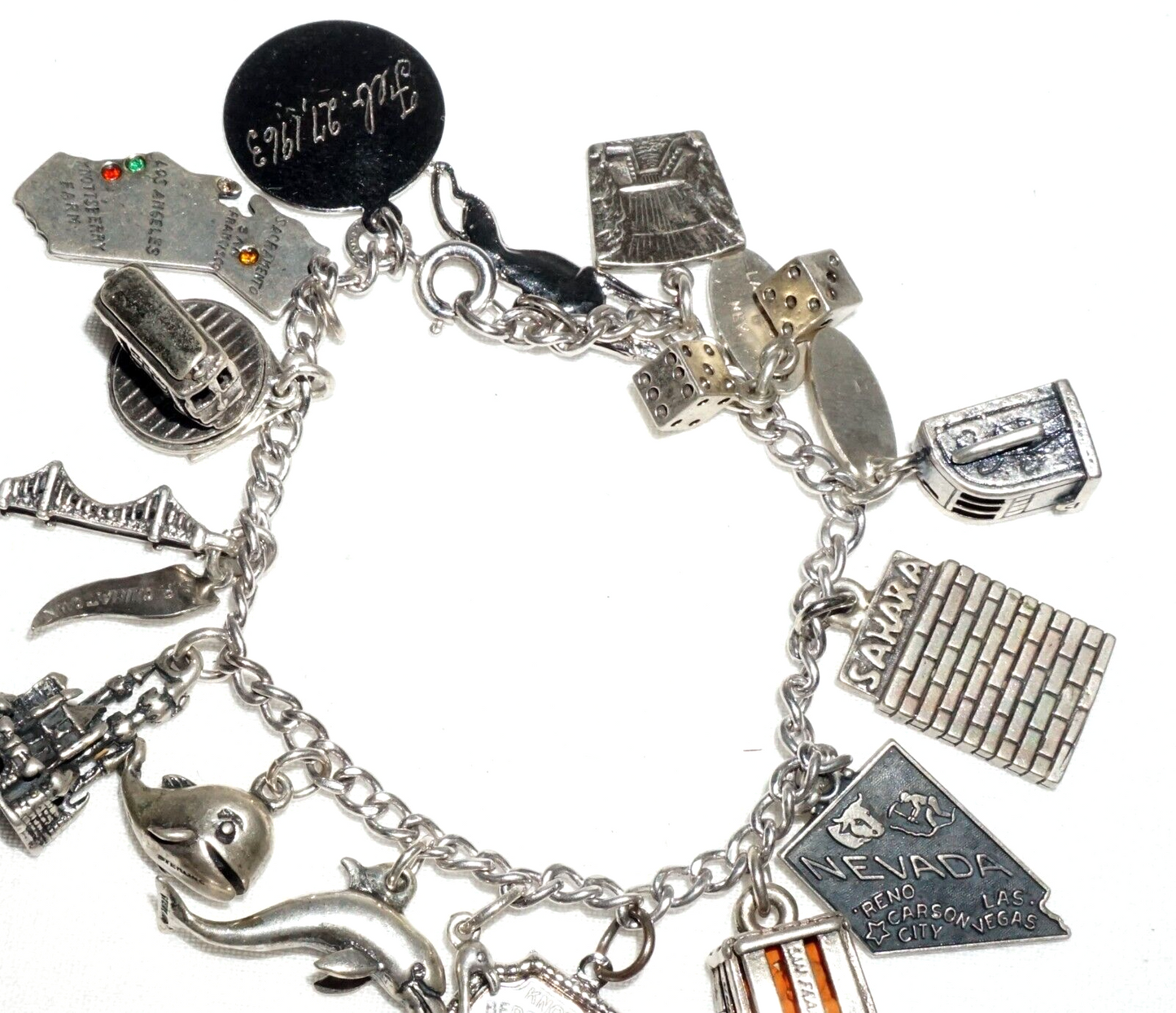 Vintage Sterling Silver Charm Bracelet w. 16x Travel & City Charms (BrM)#6