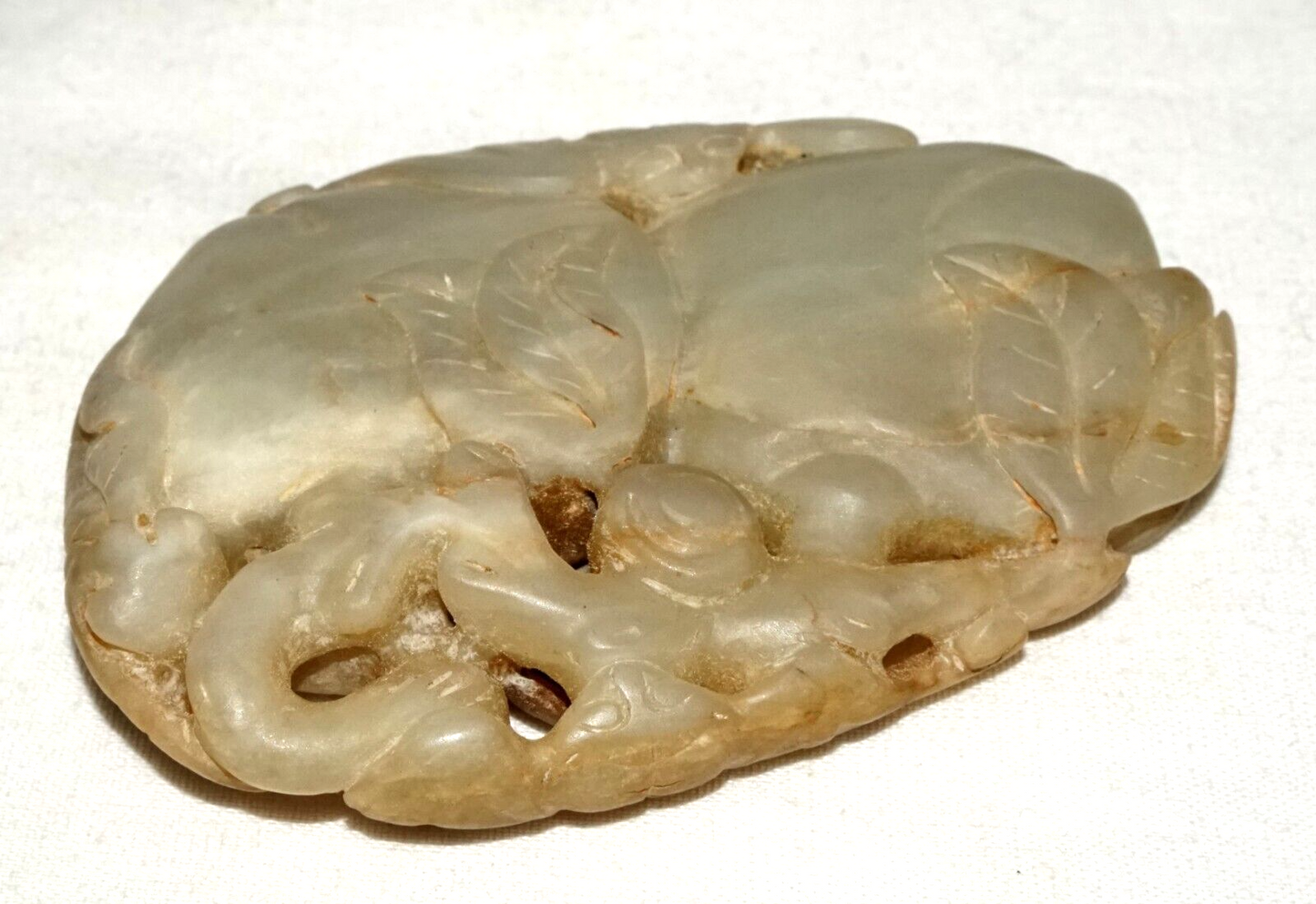 Antique Chinese Large Jade Carving Double Peaches & Double Bat Motif (Les)L21