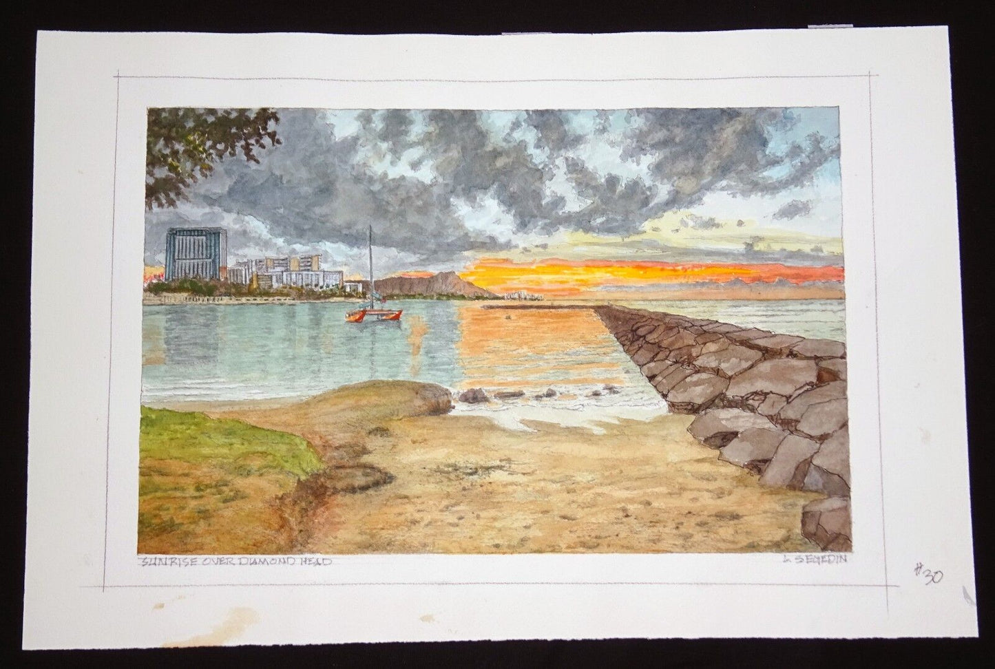 Original Hawaii Watercolor Painting "Sunrise over Diamond Head" by L Segedin #30