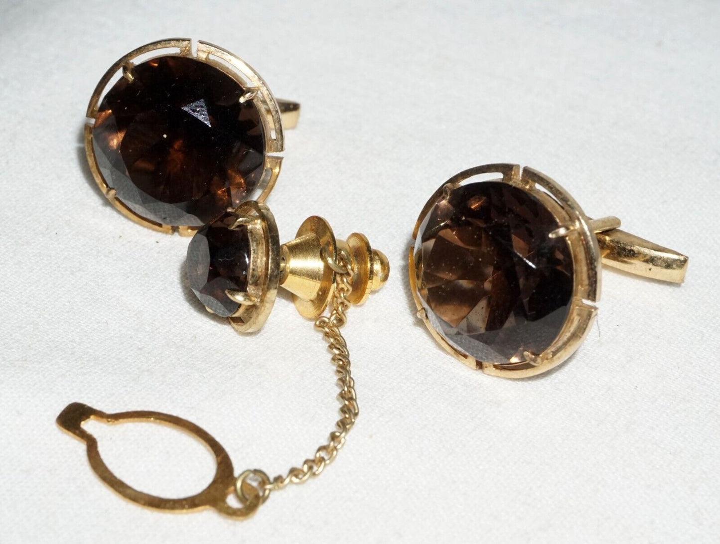 3Pc Vintage Gold Plated Silver Cufflinks & Tie Tack w. 3x Smokey Quartz (---)
