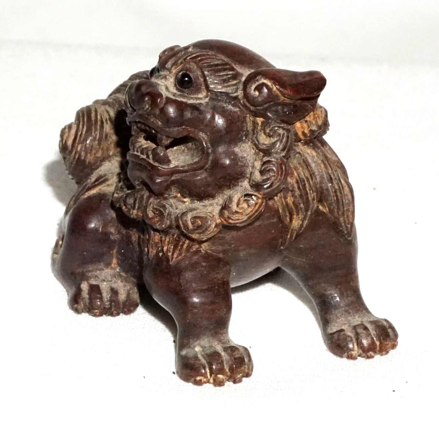 Vintage Japanese Carved Dark Wood Netsuke Lion Dog Foo Dog (FeH