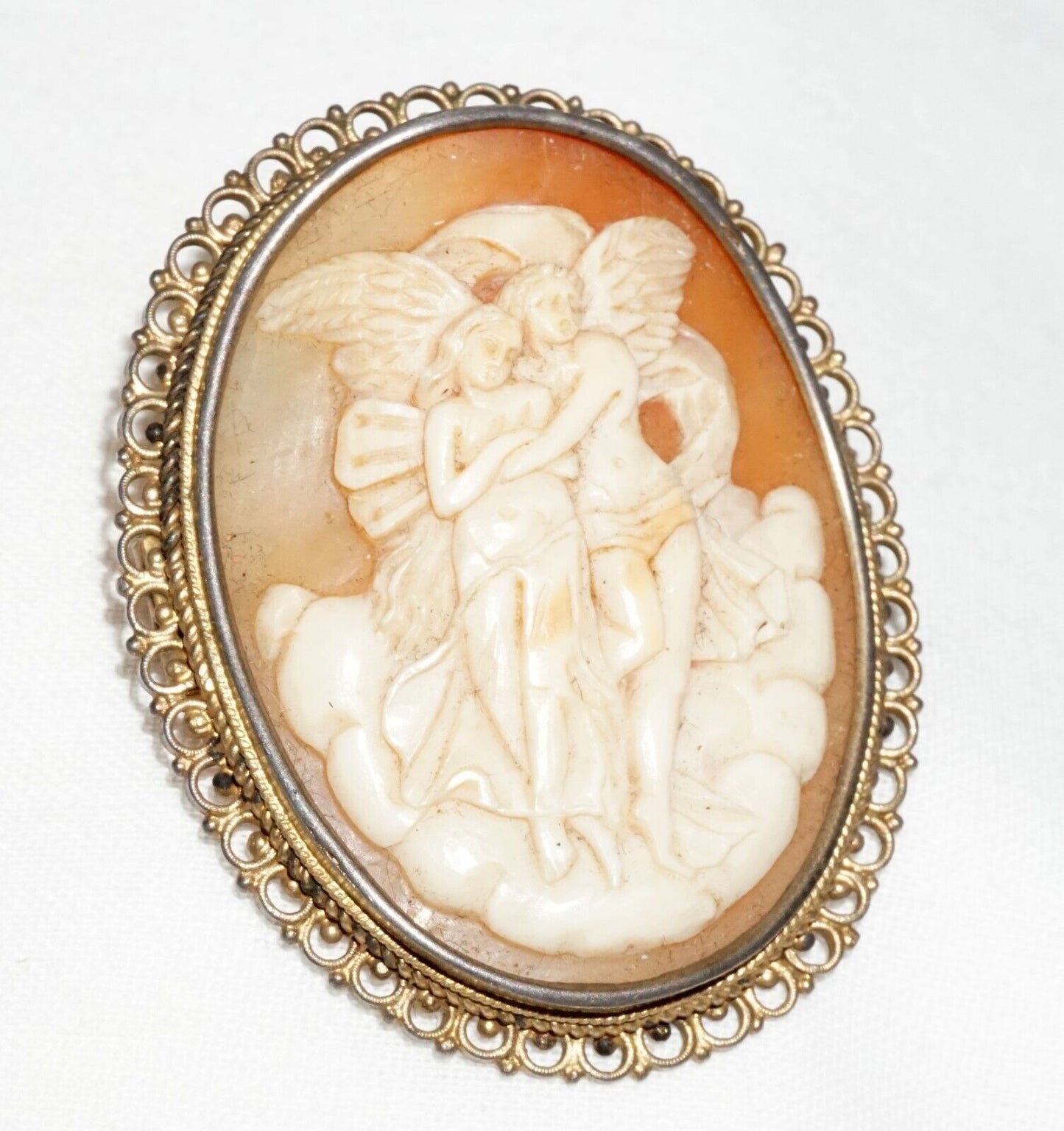 Vintage Unmarked Metal Scroll Design Brooch Shell Cameo w Angel Motif (BiB)
