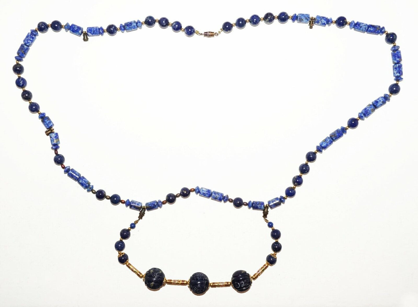 Chinese Lapis Lazuli Bead Necklace & Bracelet w. Plain & Carved Beads (HaY)#19