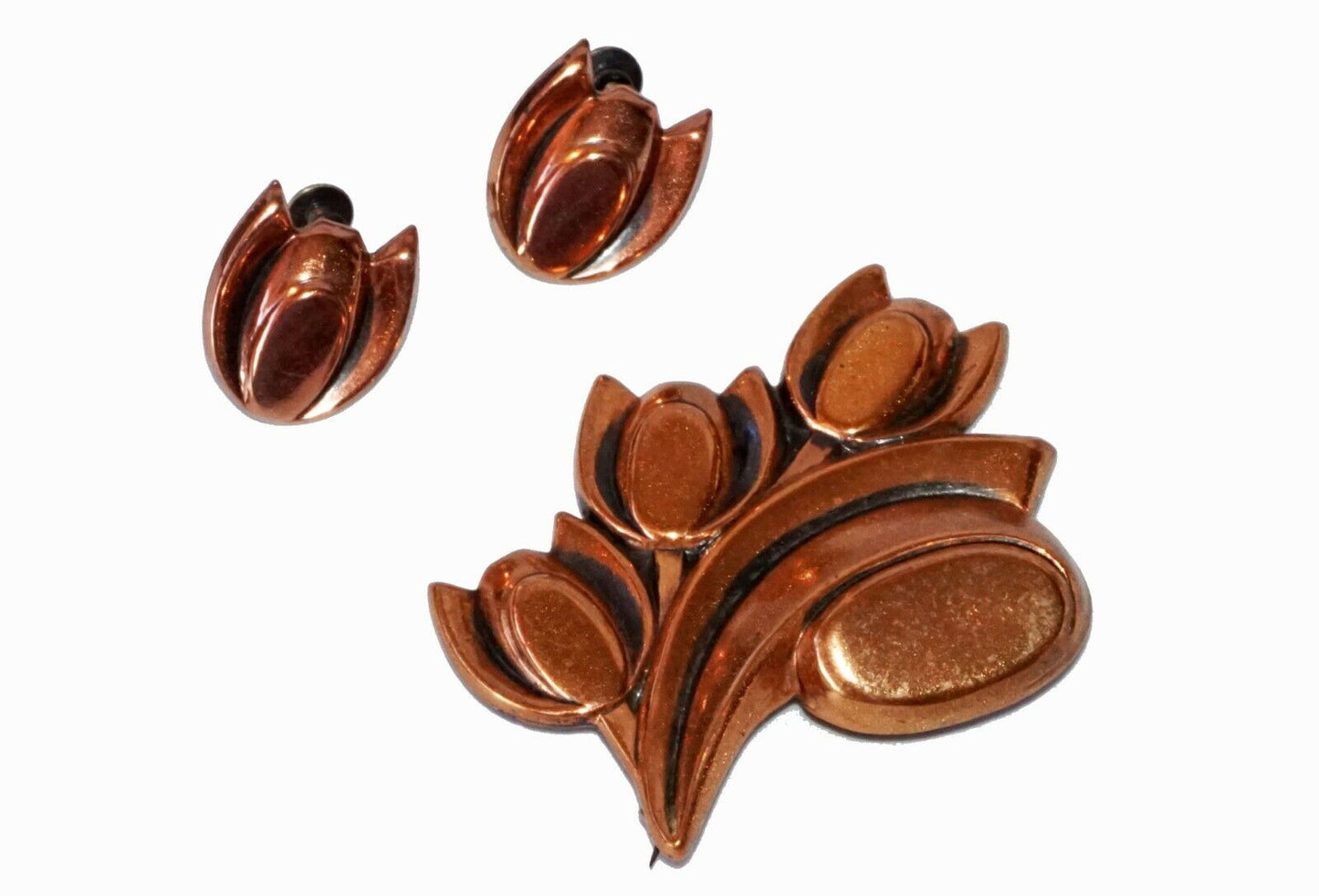 3Pc1950s Copper Tulip Motif Brooch Pin & Ear Clips Set by Renoir (Hod)