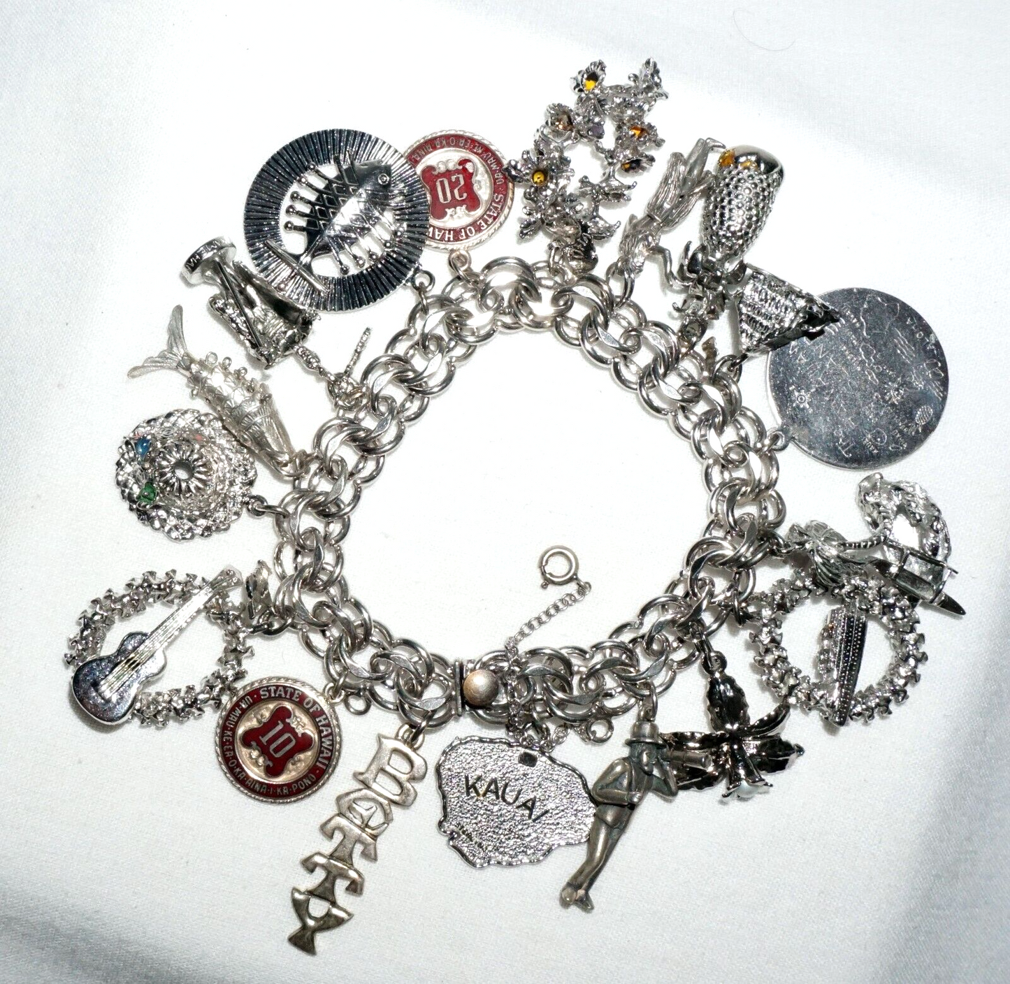Vintage Sterling Silver Charm Bracelet w. 18x Hawaii Themed Charms (BrM)#6
