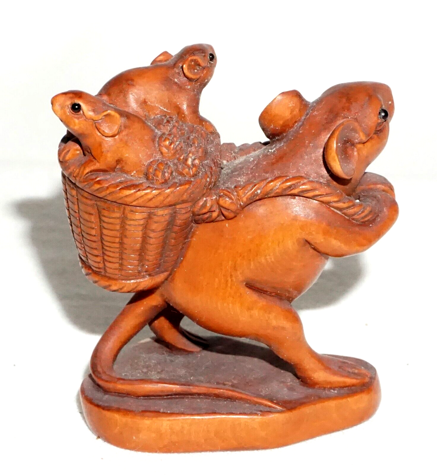 Vintage Japanese Carved Wooden Netsuke Mouse w. Basket & Babies (FeH