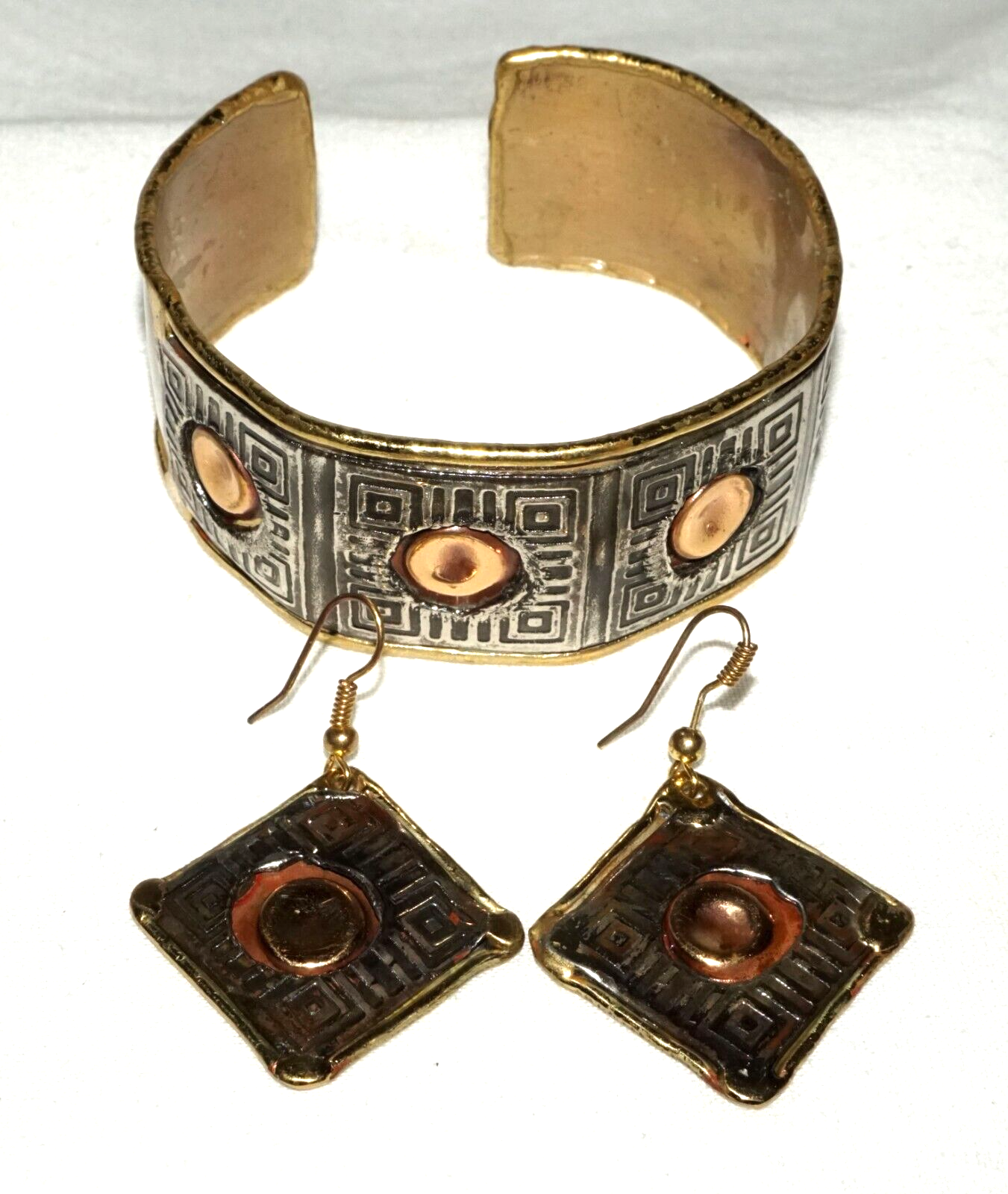 3Pc Modernist Silver & Copper & Brass Handmade Earrings & Bracelet (KoS) L13/19